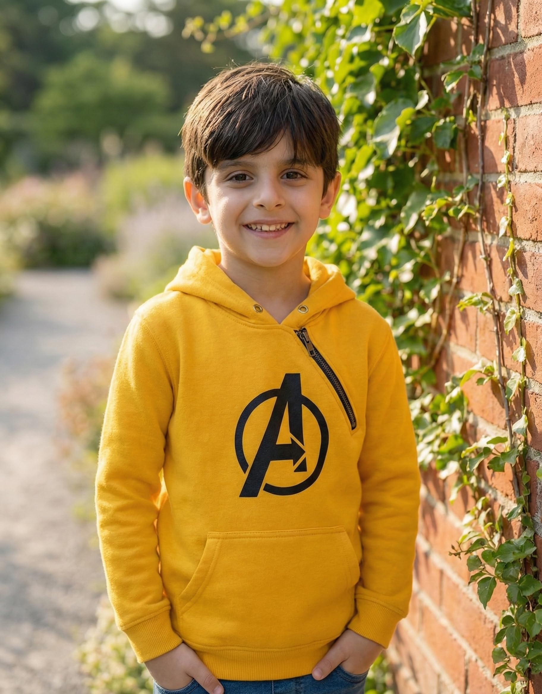 More & More Men & Women Regular Fit Cotton Neck Hooded Sweatshirt (Avengers Hoodies_Yellow-Kids