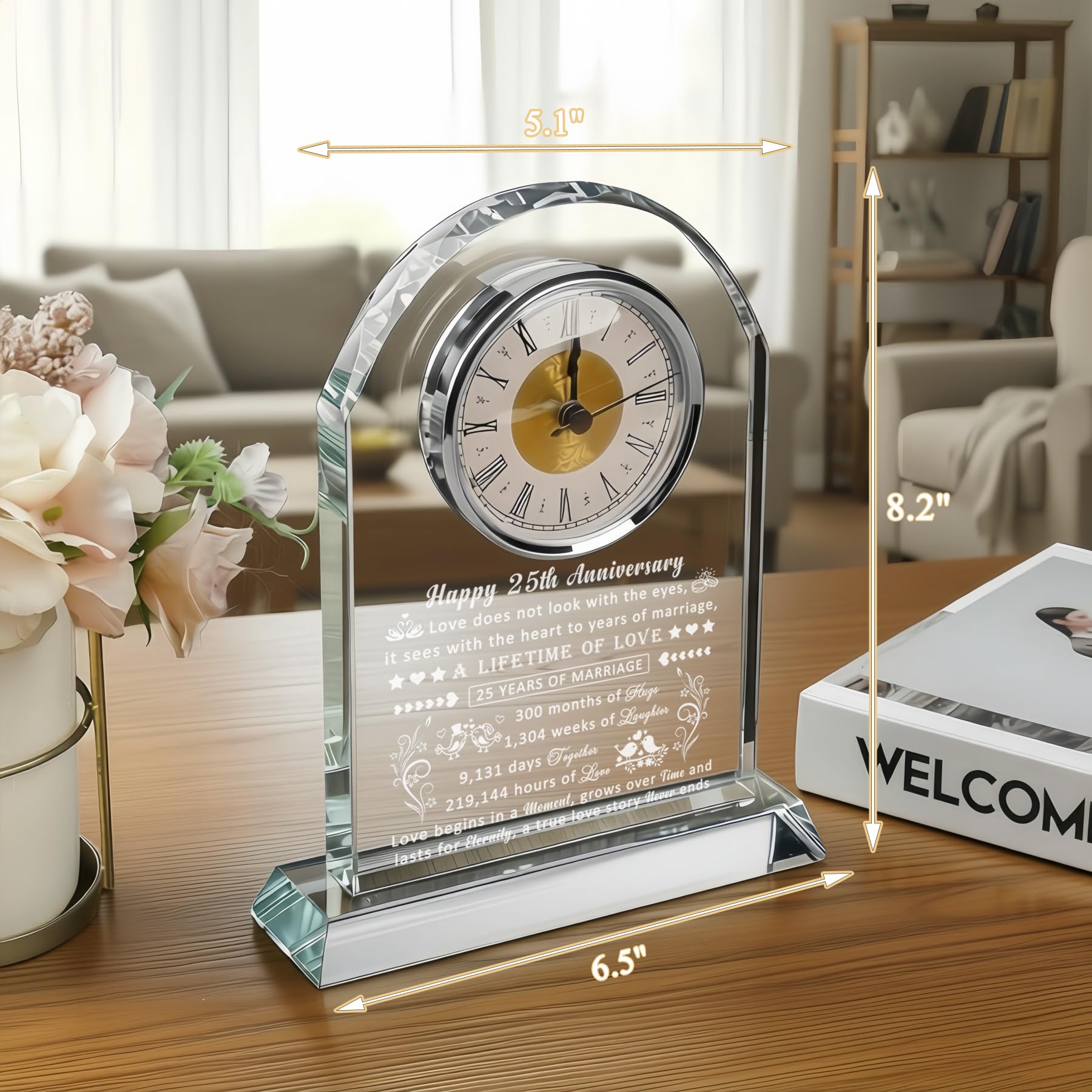 25th Wedding Anniversary Glass Quartz Clock Gifts for Women Men, 25 Year Anniversary Romantic Gift for Him Her, Silver Anniversary Clock Gifts for Couple, 25 Years of Marriage Gifts