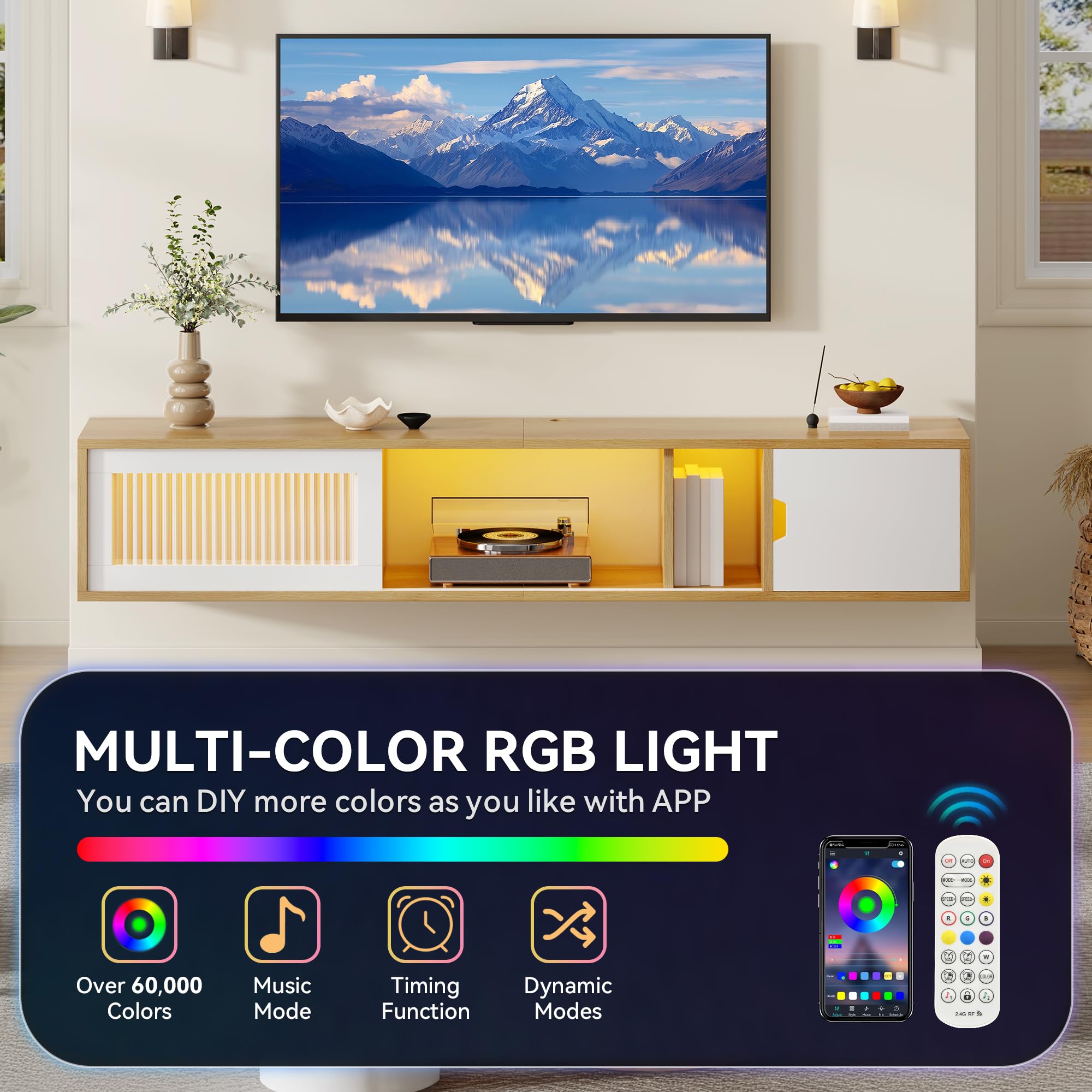 YITAHOME Meuble TV Suspendu Flottant avec Lumières LED RGB, 148 cm Meuble TV Flottant pour Téléviseurs Jusqu'à 65 Pouces avec Centre de Divertissement avec Porte pour Salon et Chambre