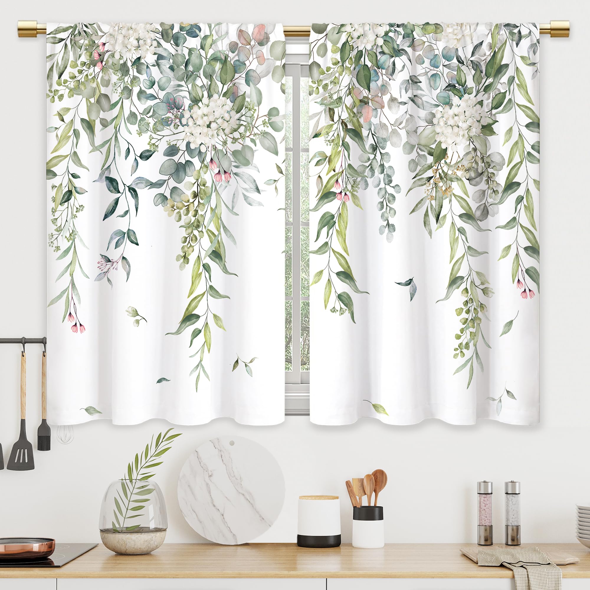 CINEKER Sage Green Leaves Kitchen Curtains Eucalyptus Flower Floral Bathroom Treatment Drapes Tier Boho Plant Cafe Small Bedroom Short French Door Rod