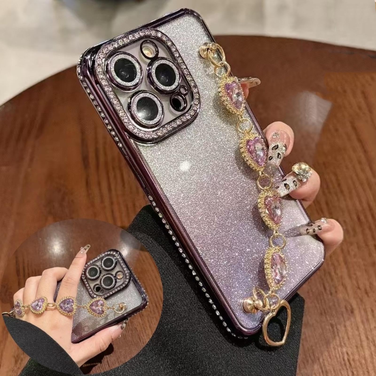 Funda de Pulsera de Lujo con diseño de corazón y Purpurina degradada para iPhone 16 ProMax (para iPhone 16 ProMax/Rosa GS)