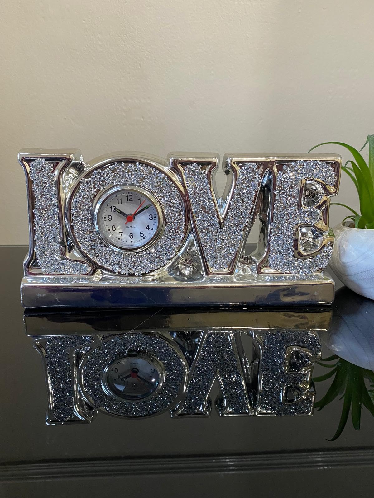 Stunning Silver Crushed Diamond Love Sign With Clock – Luxury Sparkling Crystal – Elegant Bling Décor For Living Room, Bedroom, Or Office – Stylish Glam Clock Sign For Modern Interiors