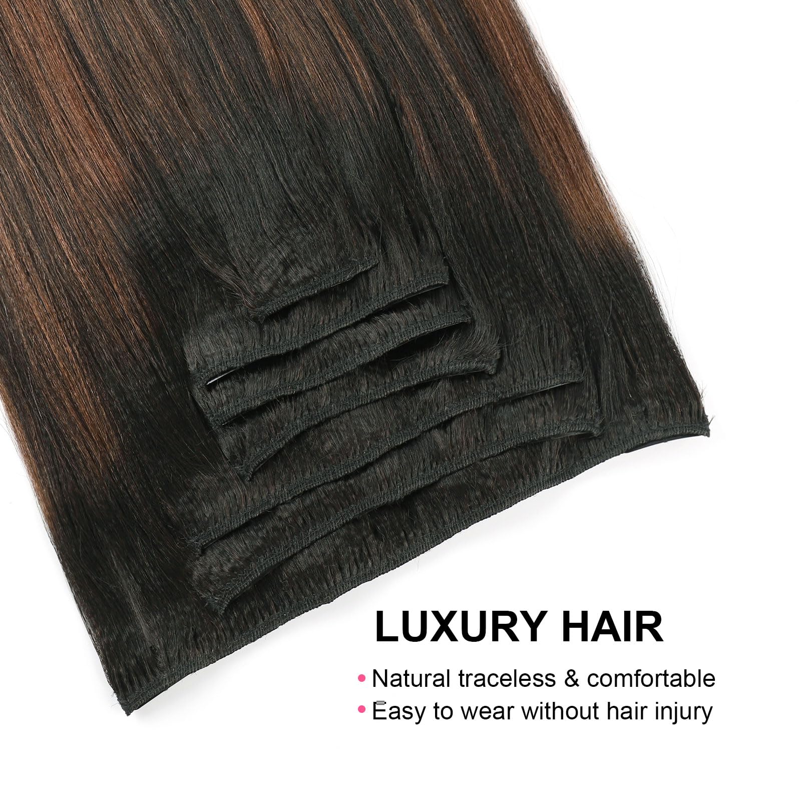 ABH AMAZINGBEAUTY HAIR Yaki Straight Clip ins Rooted Black Piano Natural Black #1B With Chocolate Brown #4 Two Tone Light Clip in Human Hair 12 Inch Clip ins for Black Women 120G Full Head