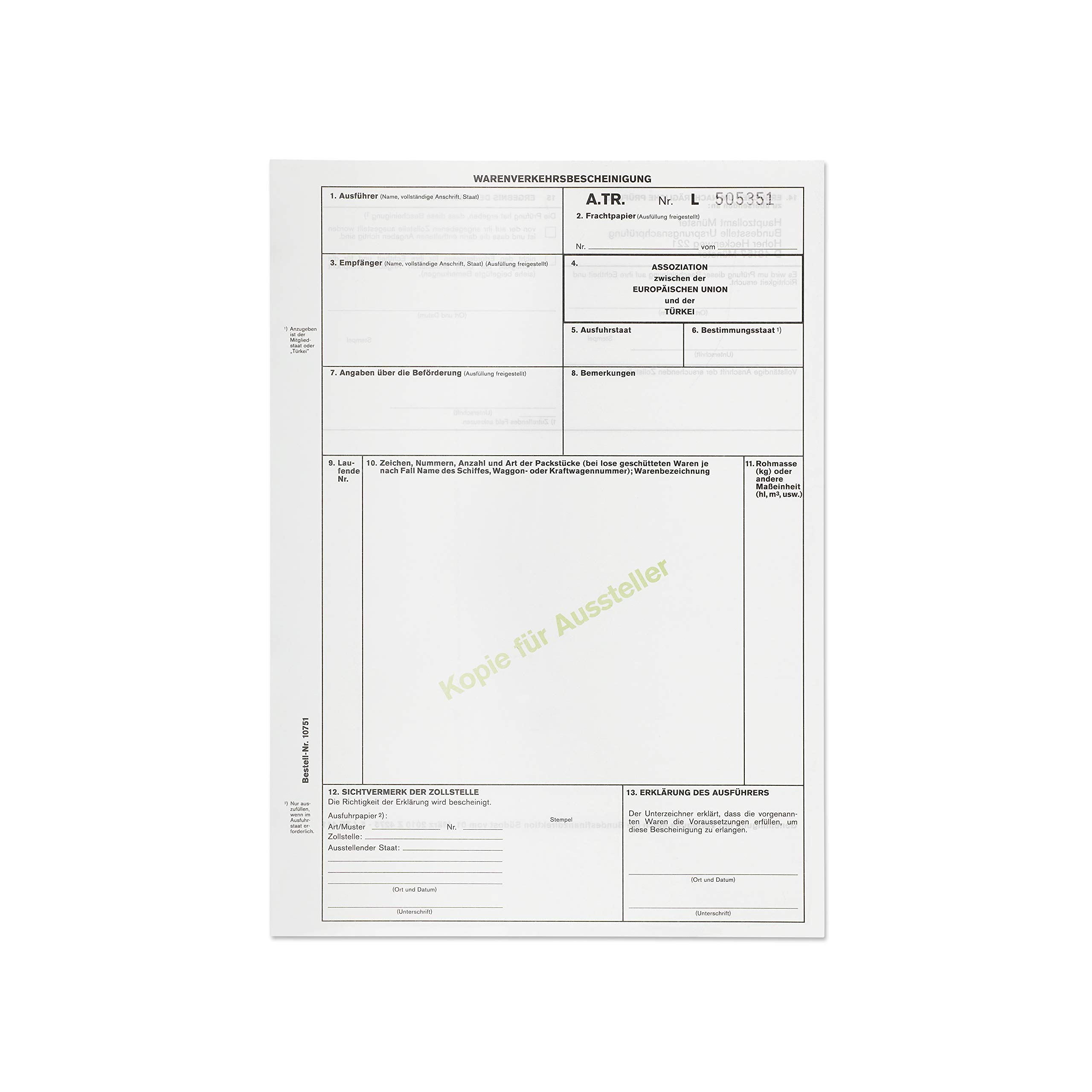 mashpaper A.TR. ATR Warenverkehrsbescheinigung Formular selbstdurchschreibend Menge wählbar 10, 50 oder 100 Stück