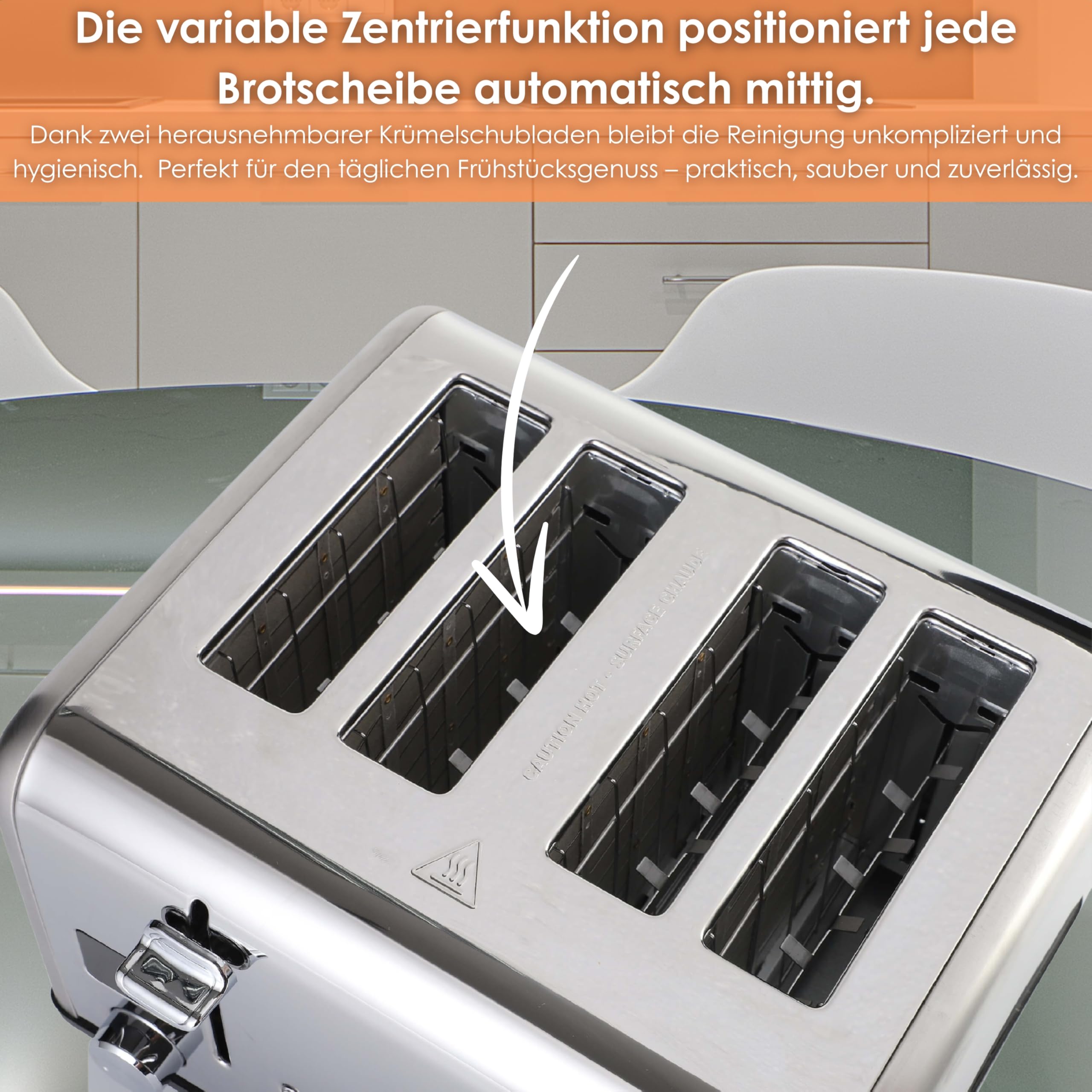 Steinborg Toaster Langschlitz | Digitales Display mit Countdown | Beleuchtete Tasten | 4 Scheiben Toastautomat | XXL Toaster | 1630 Watt | Brötchenaufsatz | Auftau-Funktion | Krümmelschublade |