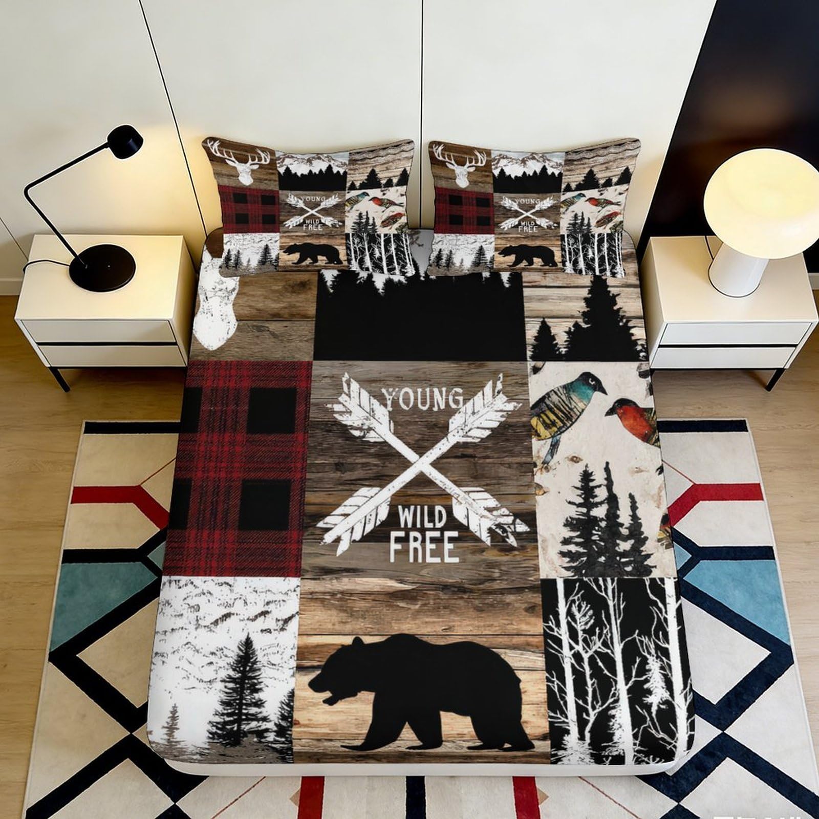 3D Printed Forest Bear Fitted Sheet Microfiber Soft Plaid Arrow Bed Cover for Bedroom Lodge Cabin Home Decor 90x200x25cm