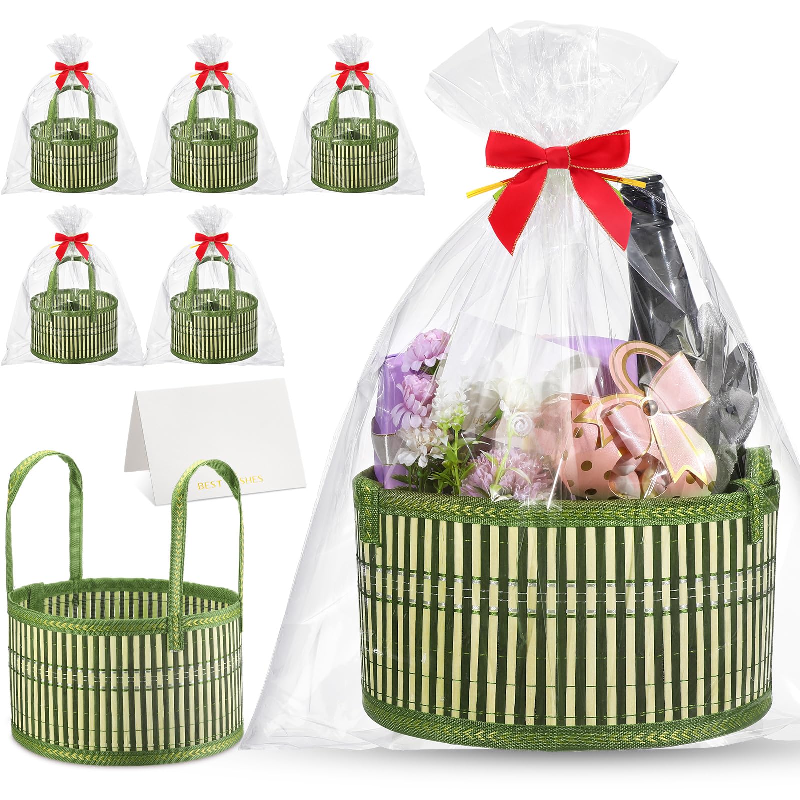 Weysat 6er-Set Körbe für Geschenke, leer, Valentinstag, DIY, Großpackung aus gewebtem Bambus, Geschenkkorb-Set mit Griff, Wickeltasche, rote Schleife zum Befüllen für Hochzeit, Geburtstag, Party