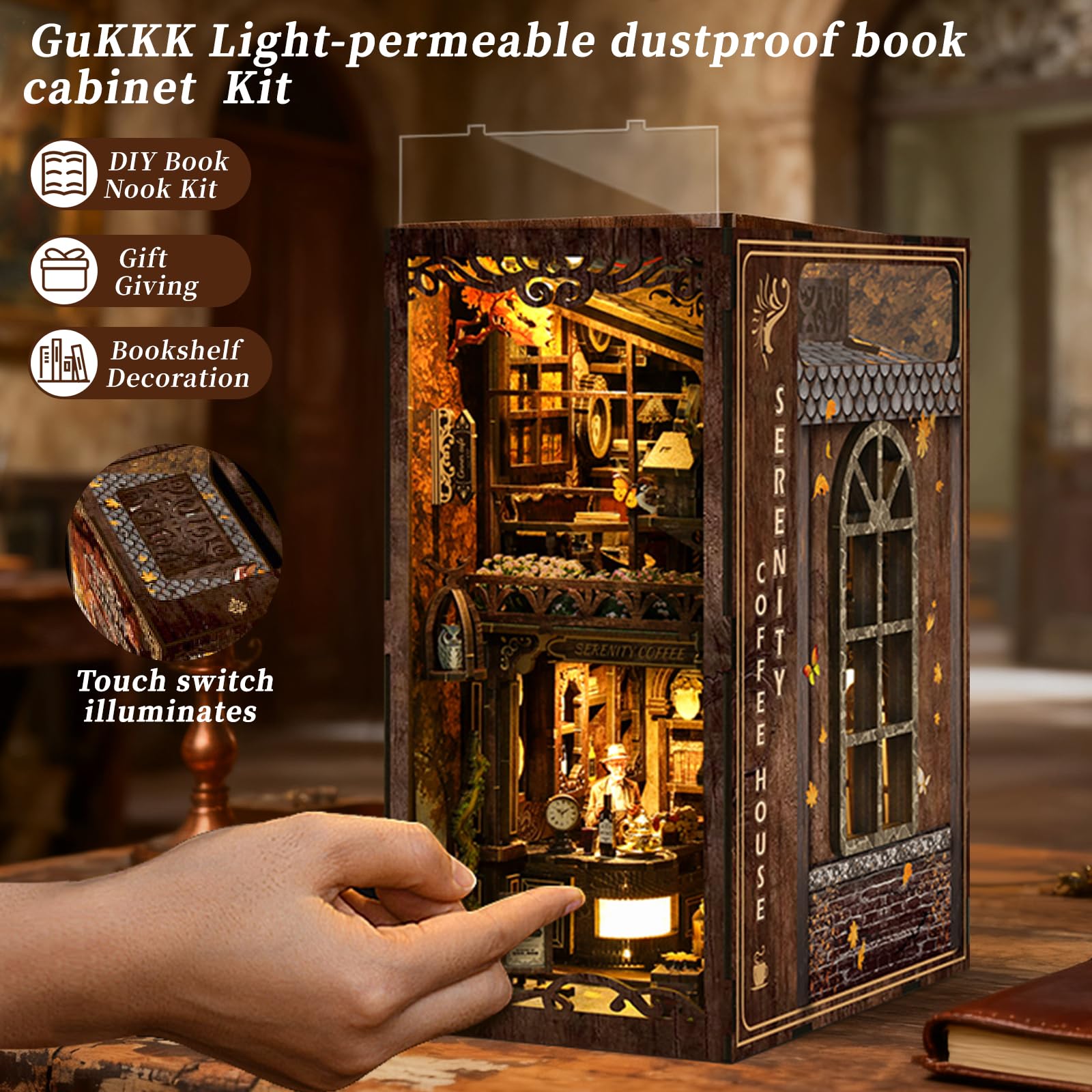 GuKKK Book Nook Kit, Own Bookstore Booknook Puzzle in Legno 3D, Costruzione di Modellini con Mobili e Luce LED in Legno Book Scaffale Inserto Decorazione, Regalo di Vacanza (Caffetteria)