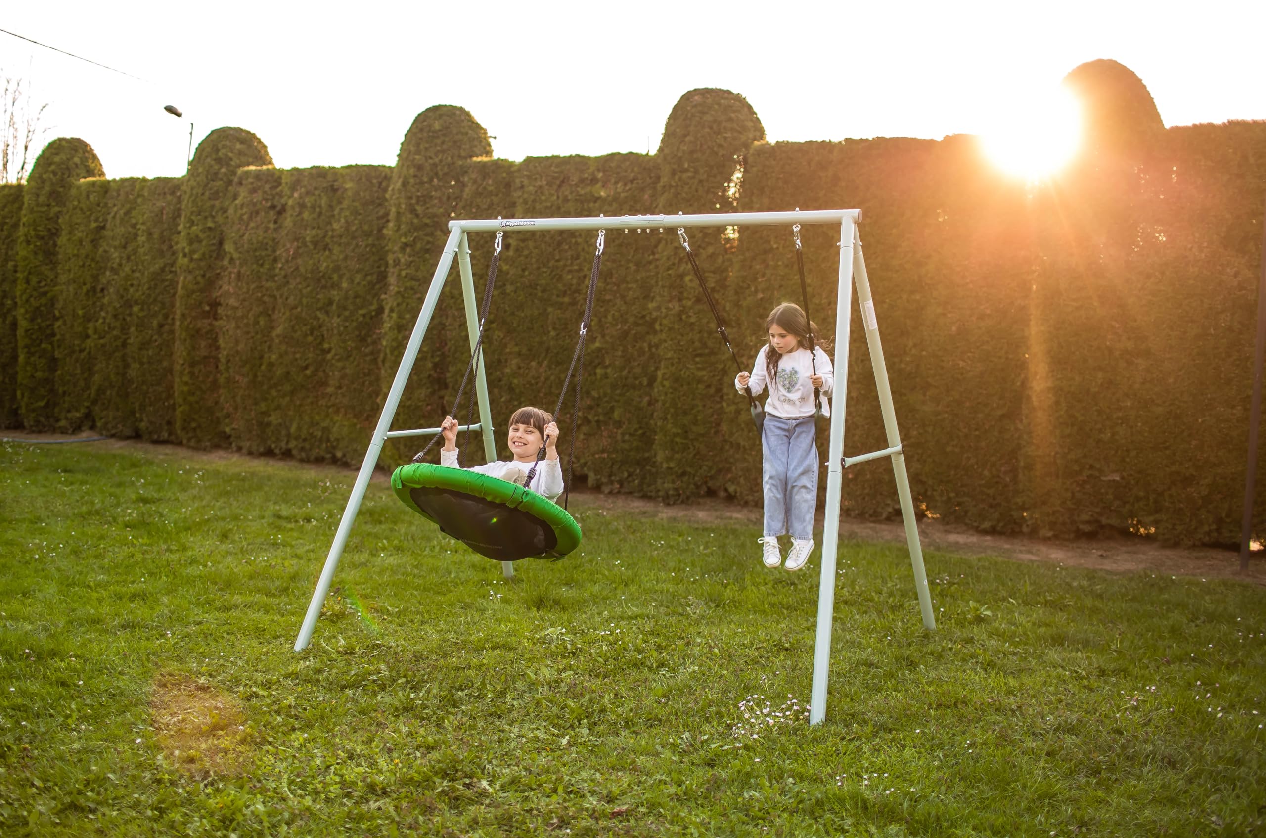 HyperMotion Columpio Infantil Doble para Jardín Exterior - Asiento y Nido de Cigüeña Ajustable con Estructura en A - para 2-3 Niños, Carga 200kg, Resistente UV