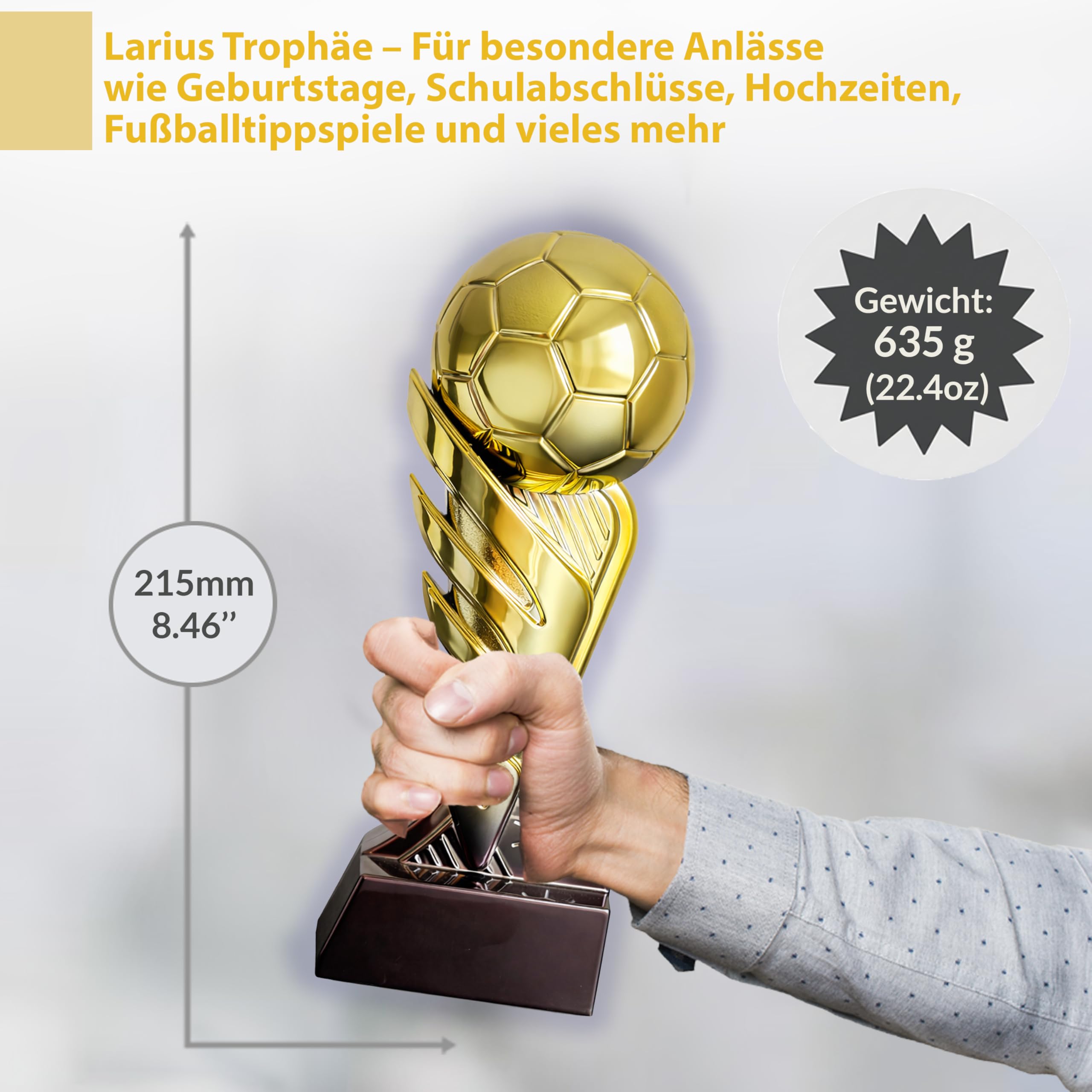 Larius Trophée de football doré avec ballon (21,5 cm, 635 g) - Trophée de football avec gravure en option - Coupe de vainqueur pour tournois, clubs et compétitions de football - S3