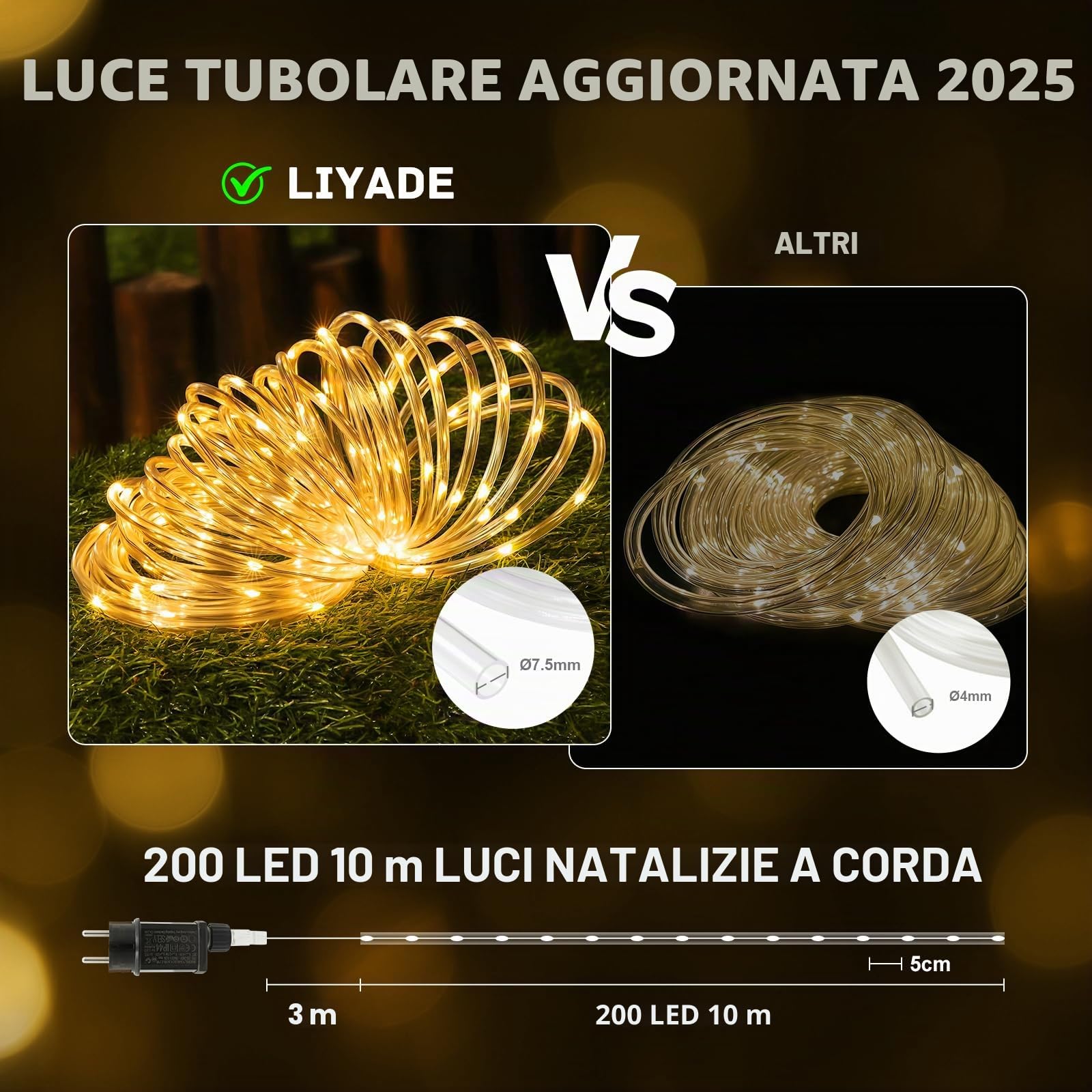 Tubo luminoso da 10 m, 200 LED con telecomando, diametro 7,5 mm, per esterni, IP65, impermeabile, 8 modalità, dimmerabile e timer, tubo luminoso a LED, per interni ed esterni, Natale, giardino, feste