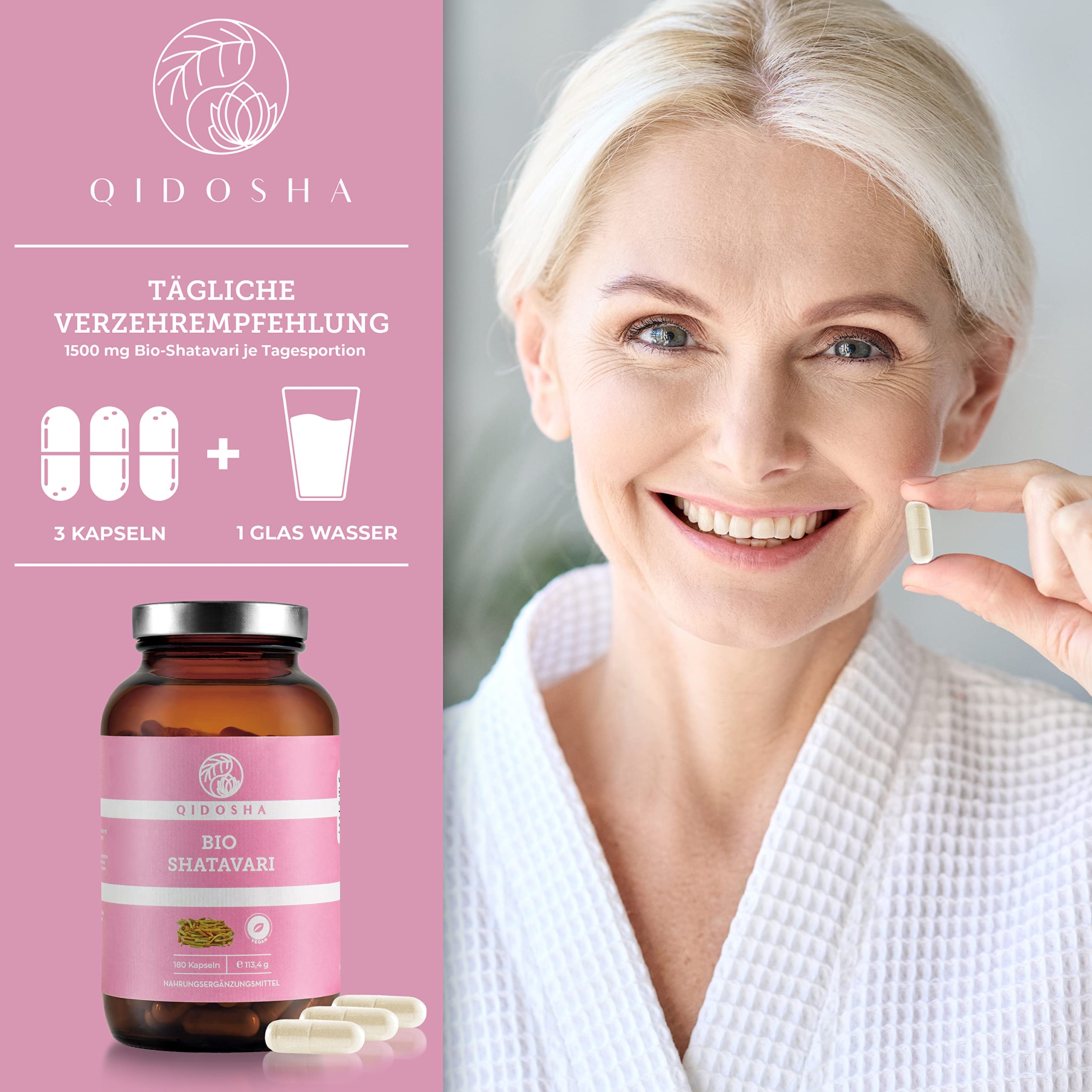 QIDOSHA® Shatavari capsule biologiche ad alto dosaggio, 180 pezzi in vetro, 1500 mg di Shatavari polvere biologica per porzione giornaliera, capsule di polvere di Shatavari biologiche, testate di