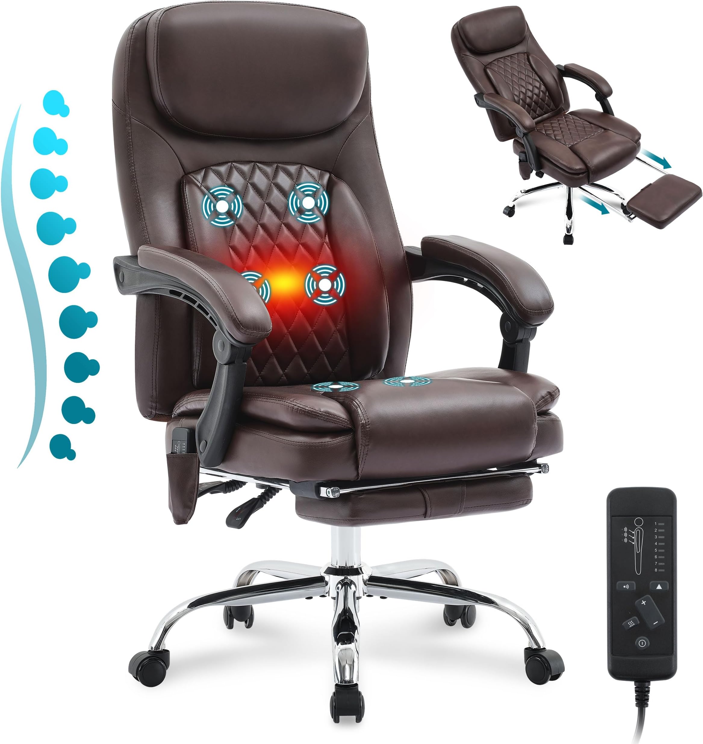 6-Point Massage Office Chair with Heated, Ergonomic Office Chair with Footrest & 45°Reclining High Back, Big and Tall Executive Office Chair 500LBS, Thick Cushion Desk Chair for Home Office, Brown(PU)