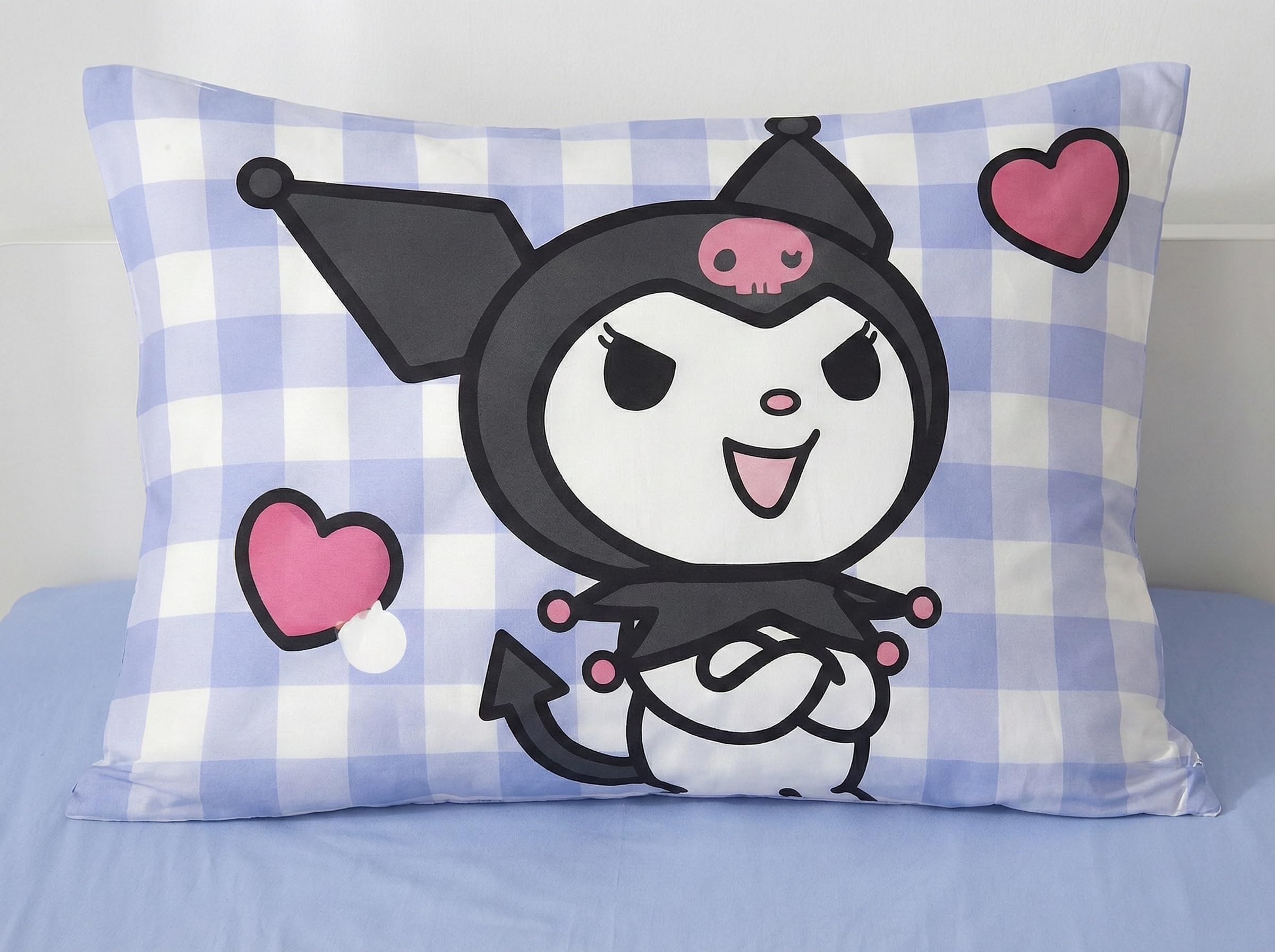 Kuromi Copripiumino Singolo 140x200 + Federa 70x90 Gingham Blu Grigio | Set lenzuola reversibile | Microfibra ultra morbida asciugatura rapida Oeko-Tex | Sanrio | Bambine | Regalo | Idea regalo