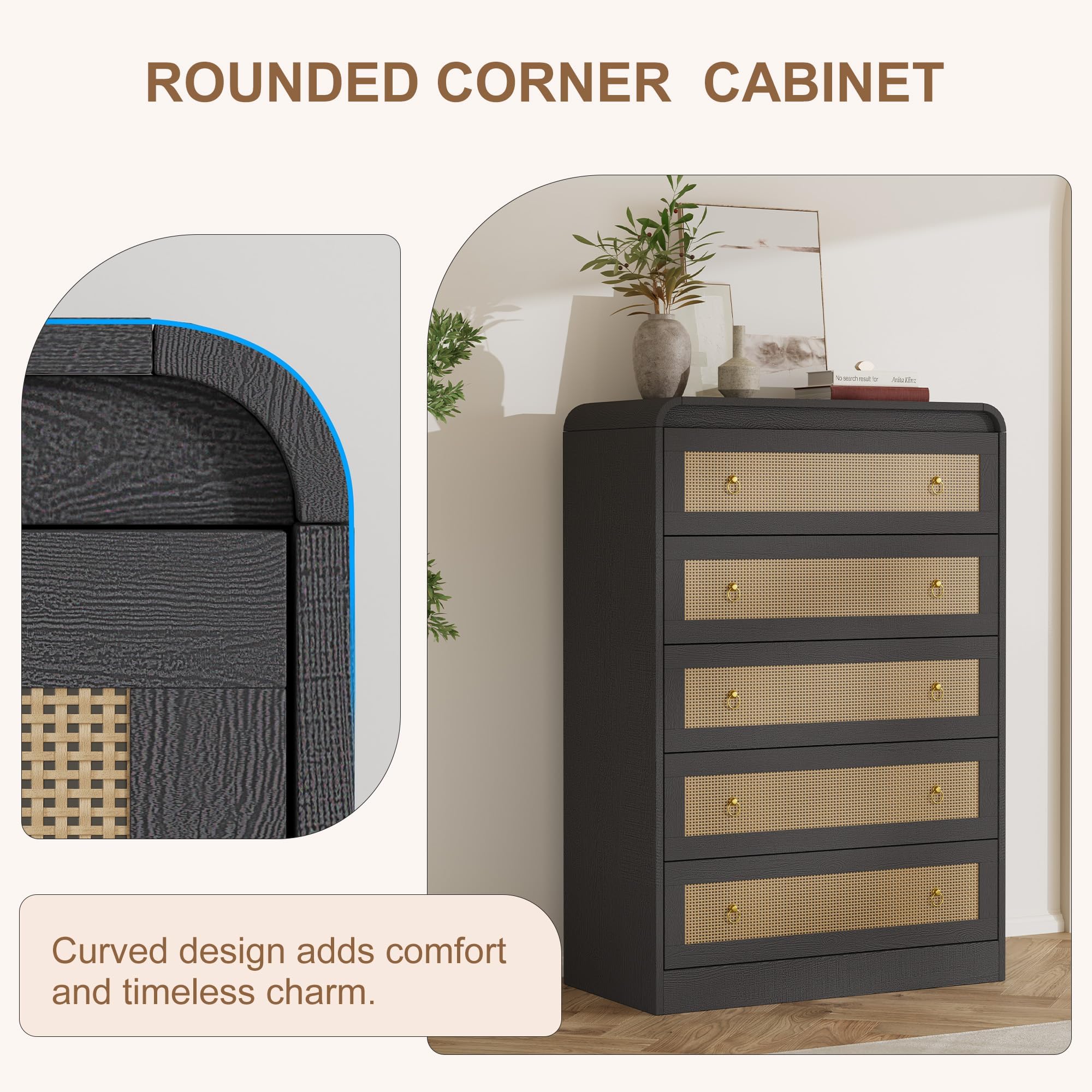 Garvee Cassettiera 5 cassetti in legno con frontali in rattan - Design moderno boho - Angoli arrotondati - 79 cm (31'') altezza - Camera da letto/Soggiorno/Ingresso - Colore: Nero goffrato con rattan