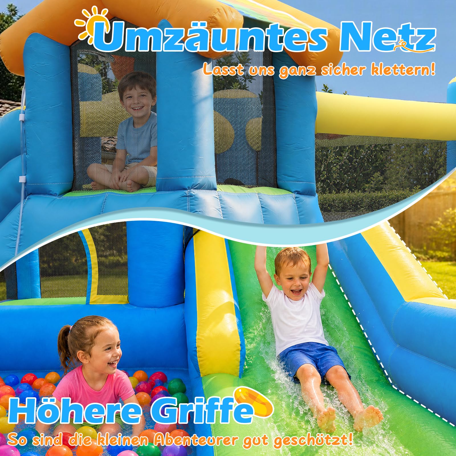 Casa di rimbalzo per bambini, AONESY Castello di rimbalzo gonfiabile con scivolo d'acqua, spruzzatori d'acqua, arrampicata, salto, Area di calcio e canestro per il cortile all'aperto dell'interno