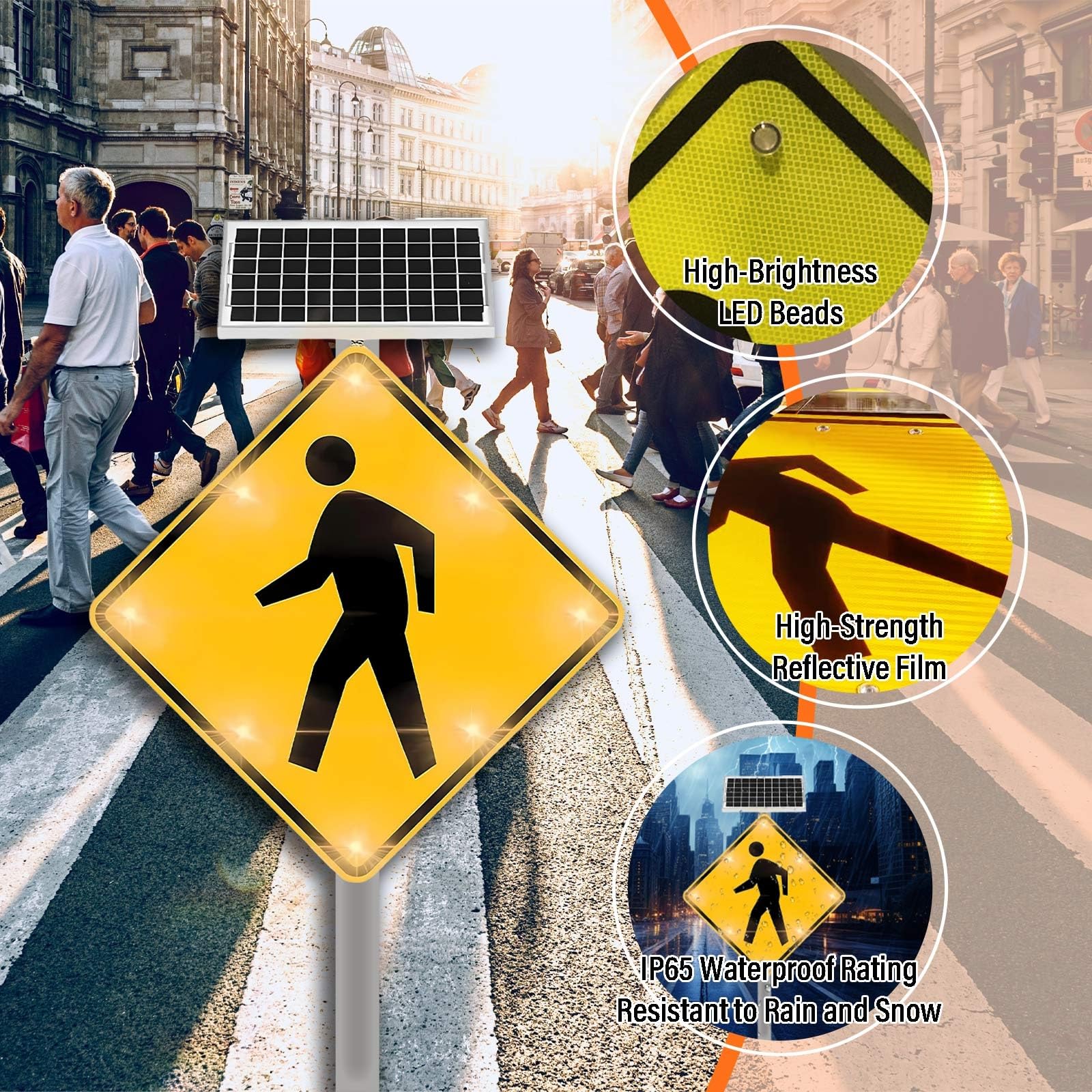 Señal LED de cruce peatonal – Señal de advertencia de tráfico reflectante de alta visibilidad con energía solar para escuela, carretera, entrada y áreas comunitarias