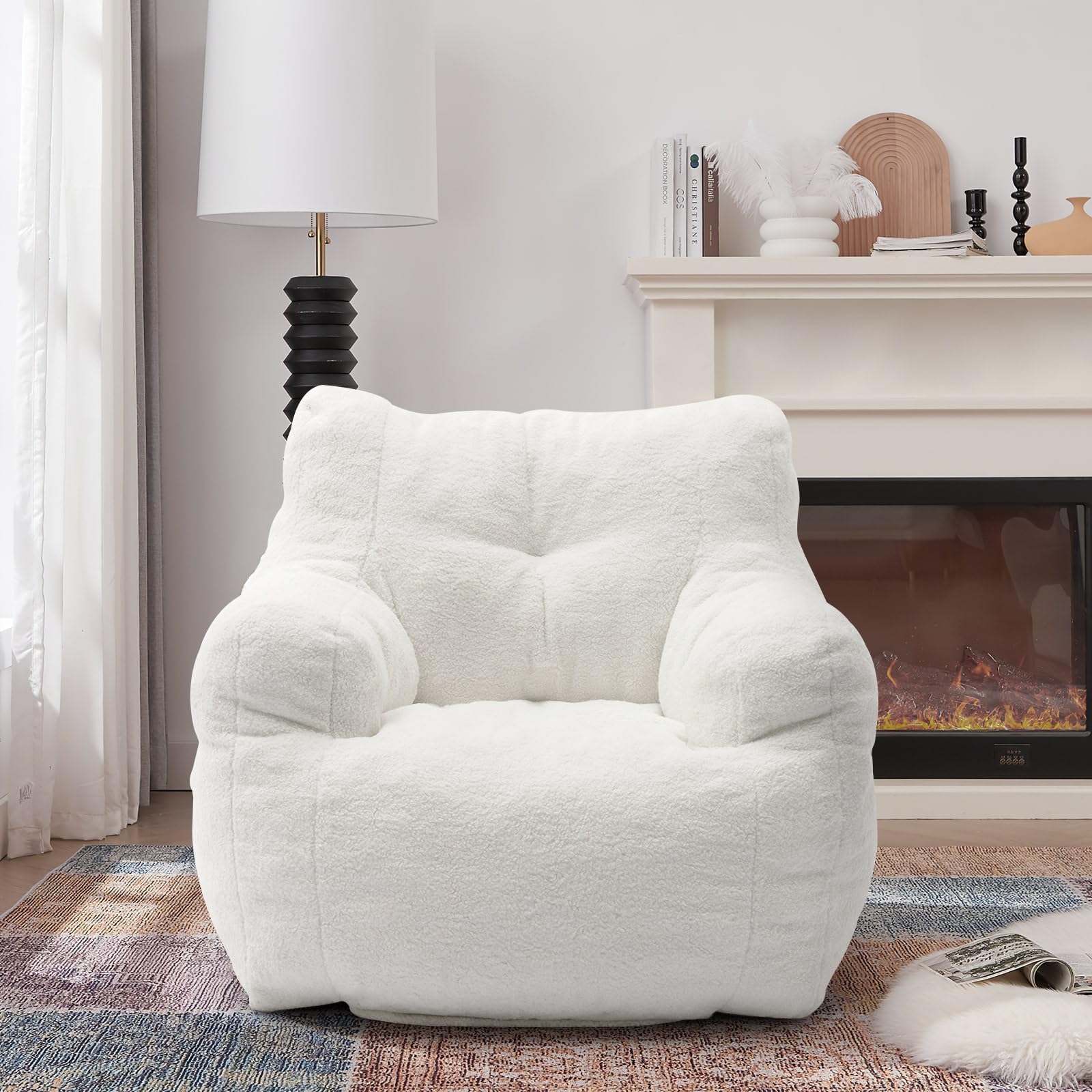 Hison Bean Bag Chairs for Adults and Kid Teddy Fabric Fluffy and Lazy Sofa Filled with Memory Sponge BeanBag Sofa with Armrests for Living Room,Bedroom(White)