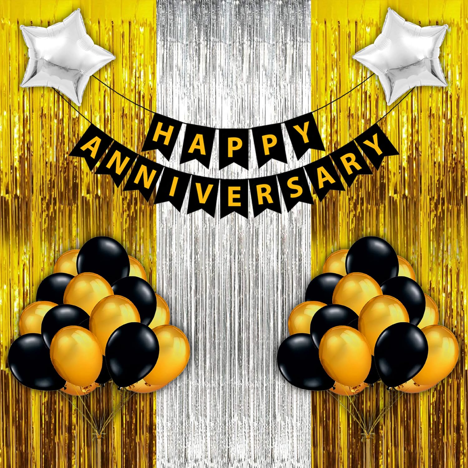 Kings of Things Happy Anniversary Decoration Kit For Home -26 Items Combo Set | Golden Black Metallic Balloons, Happy Anniversary Decorations Items for Couple, Husband, Wife, Men and Women