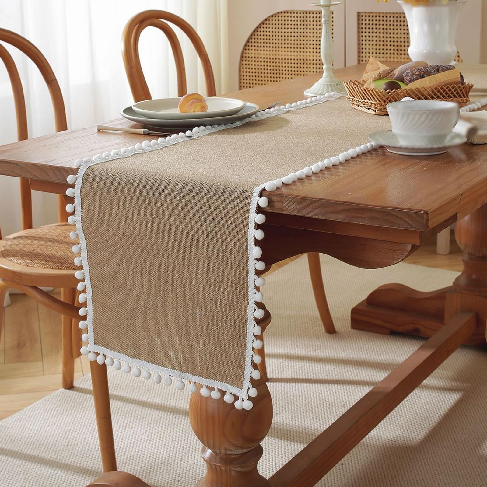 Camino de mesa de arpillera con encaje natural trenzado de yute rústico, antideslizante, lavable a máquina para fiestas de primavera y verano, estilo E (30 x 220 cm)