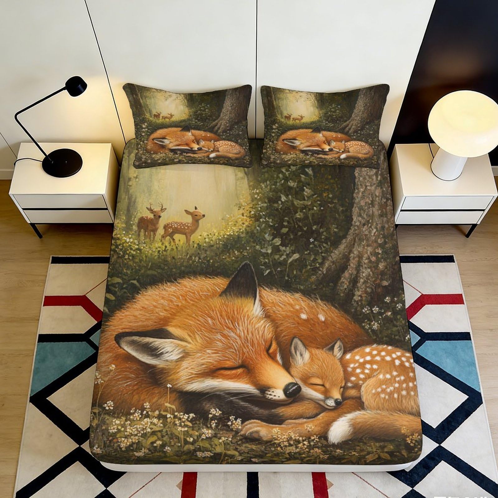 3D Printed Fox and Fawn Fitted Sheet Microfiber Forest Animal Mattress Cover Anti-Slip Washable Bedding for Bedroom Dorm 140x200x25cm
