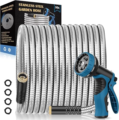Manguera de jardín de 50 pies, manguera de agua con boquilla de 10 funciones, manguera de jardín de metal con conectores a prueba de fugas, sin