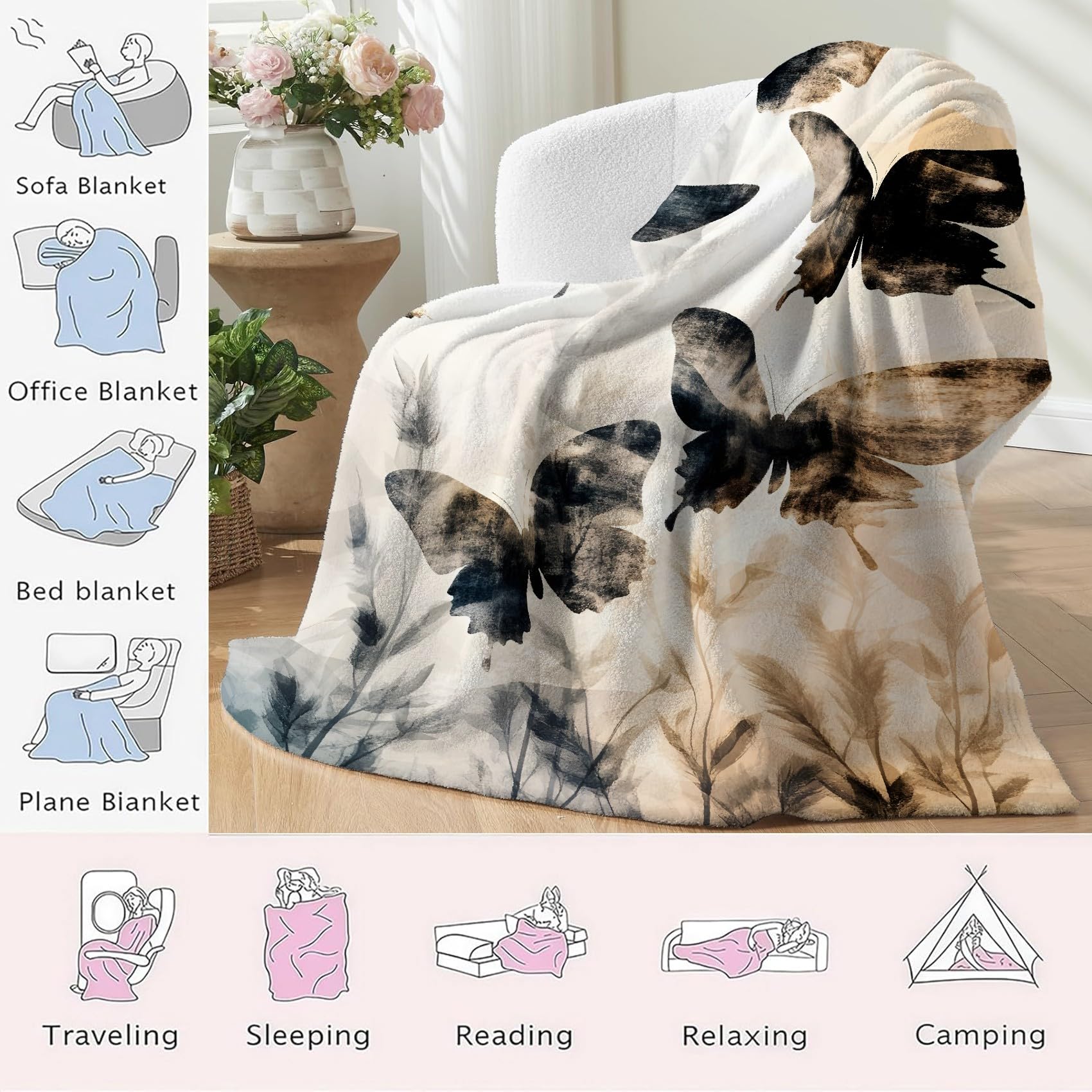 Koc Retro Motyl Koce Atramentowe Łóżko Pojedyncze Ciepło Miękkie Koce Sofa Koc Flanelowy 180 x 200 cm na wszystkie pory roku