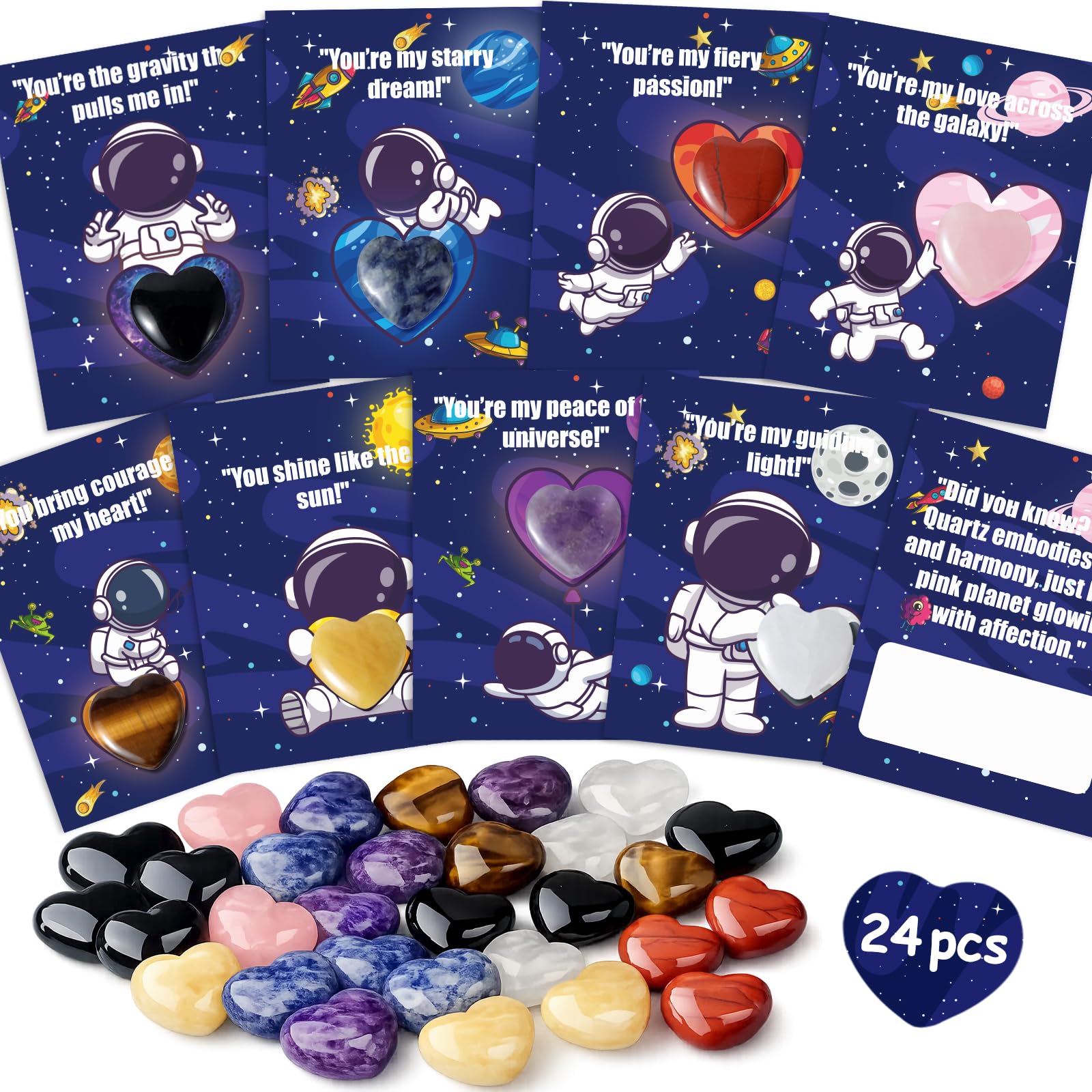 24 Pack Valentines Cards for Kids, Gemstone Valentine Day Gift With Natural Heart Crystals, School Classroom Exchange Party Favors for Boys Girls Toddlers