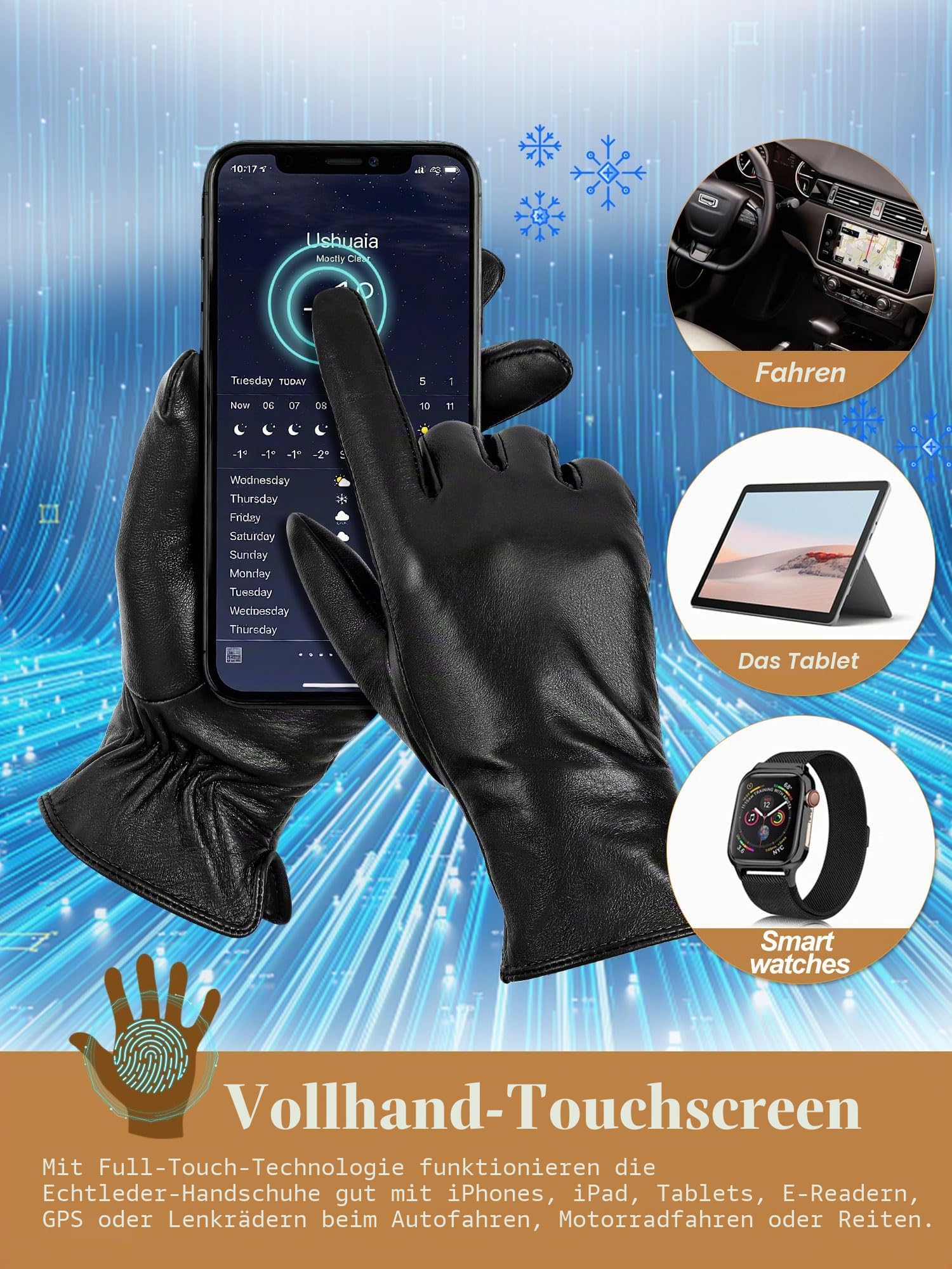 GSG SINCE 1998 Handschuhe Damen Leder Echtleder Gefüttert Schwarzfleece M