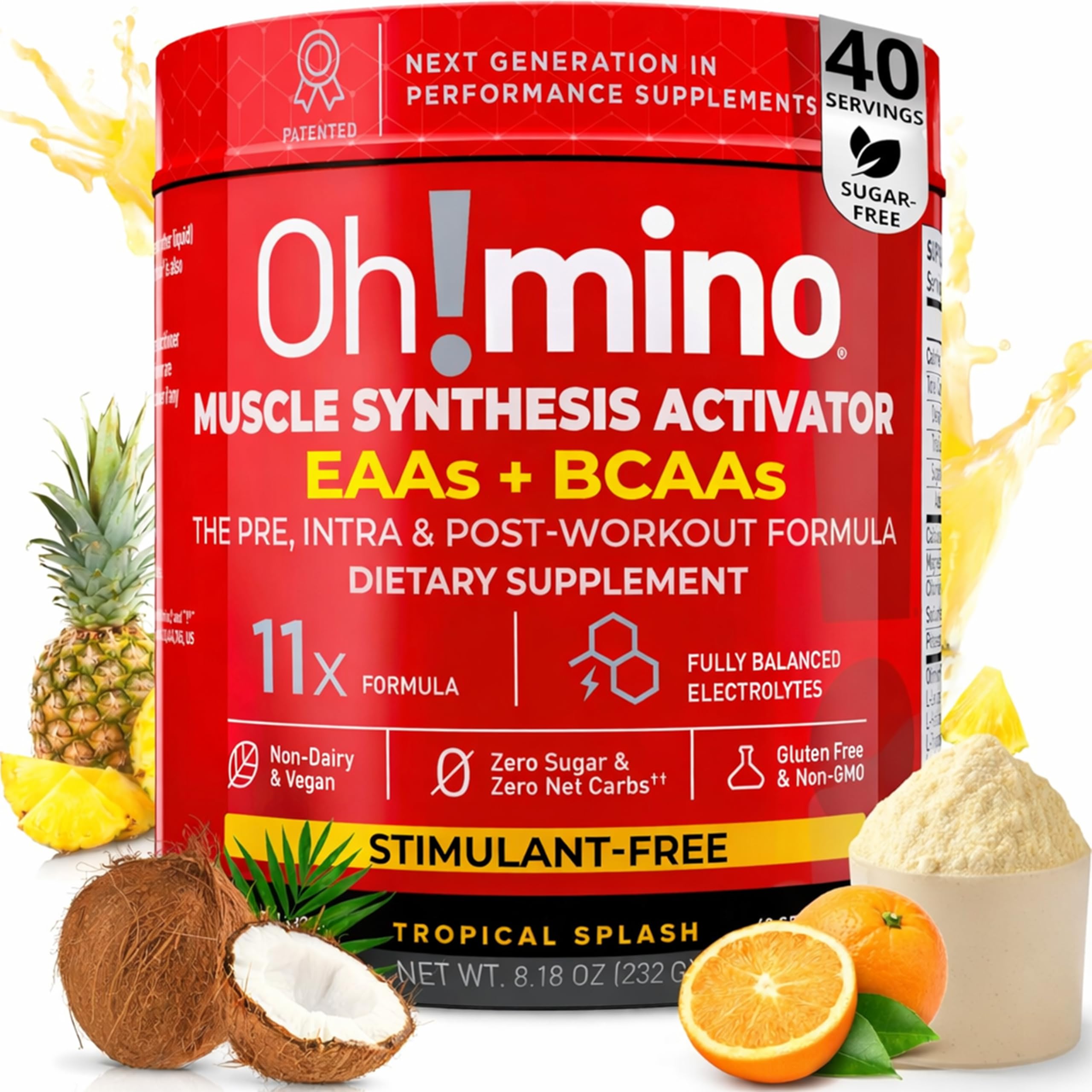 Oh!mino BCAAs + EAAs, All 9 Essential Amino Acids for Muscle Growth & Recovery, Tropical Flavor, Stimulant-Free, Sugar-Free Pre/Intra Post Workout Supplement, Non-GMO