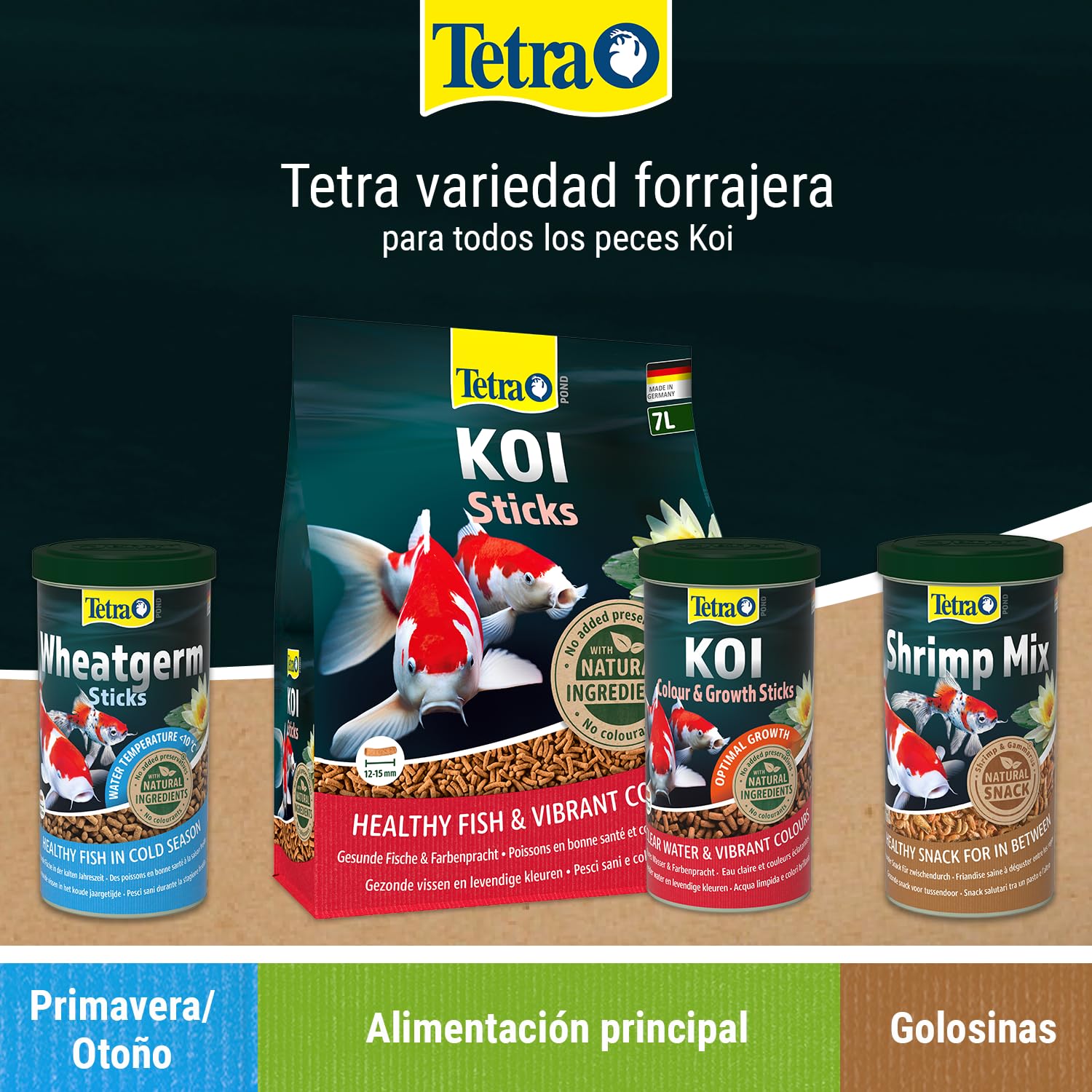 Tetra Pond Koi Sticks, Alimento para todos los peces Koi, para peces sanos, colores intensos y agua transparente, cubo de 10 L