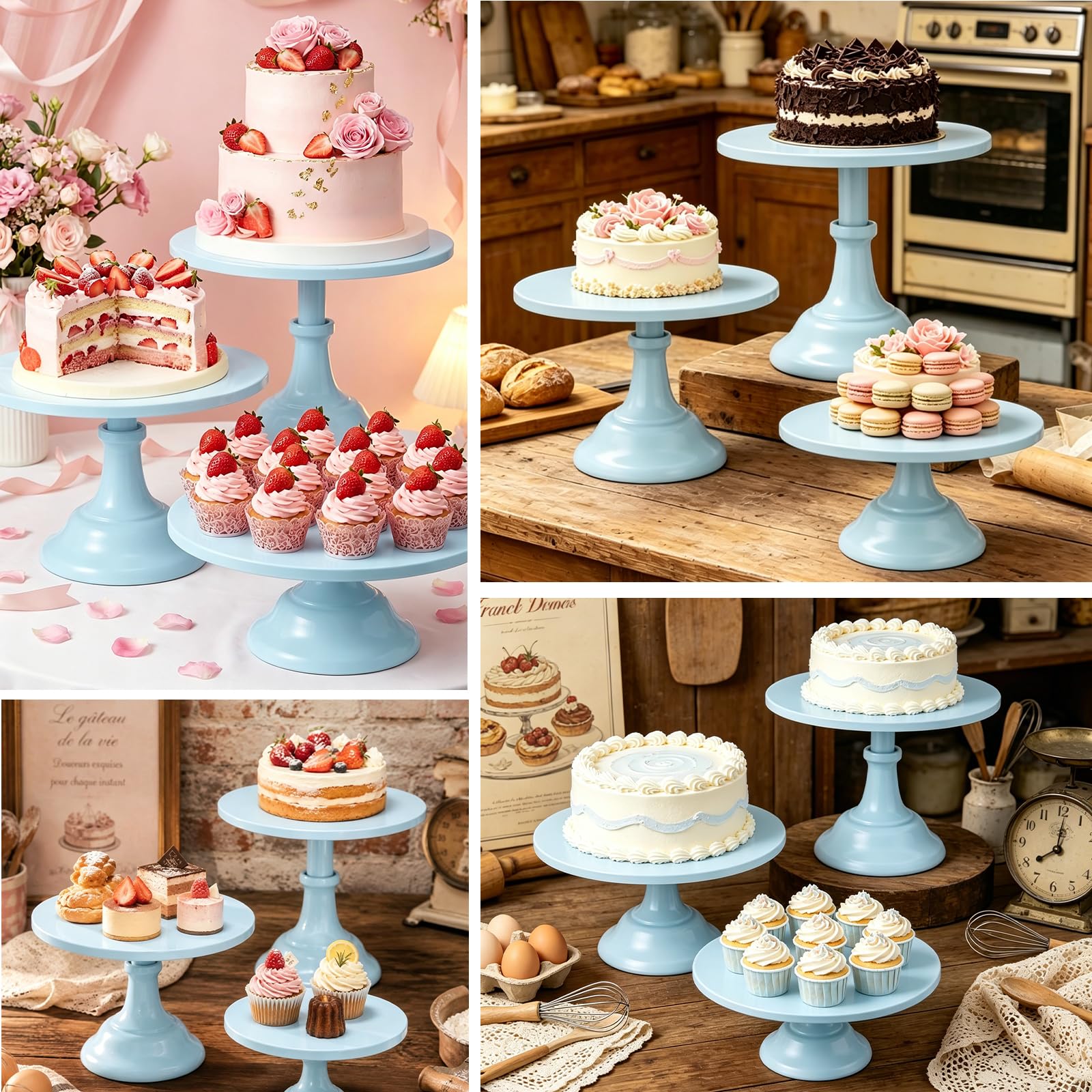 Kuchenständer-Set, rund, Metall, verschiedene Größen, für Geburtstag, Hochzeit, Bankett, Gebäck, für Urlaub, Party, Dessert, Tischdekoration (20,3 cm, 25,4 cm, 30,5 cm, Teller) Blau, 3 Stück