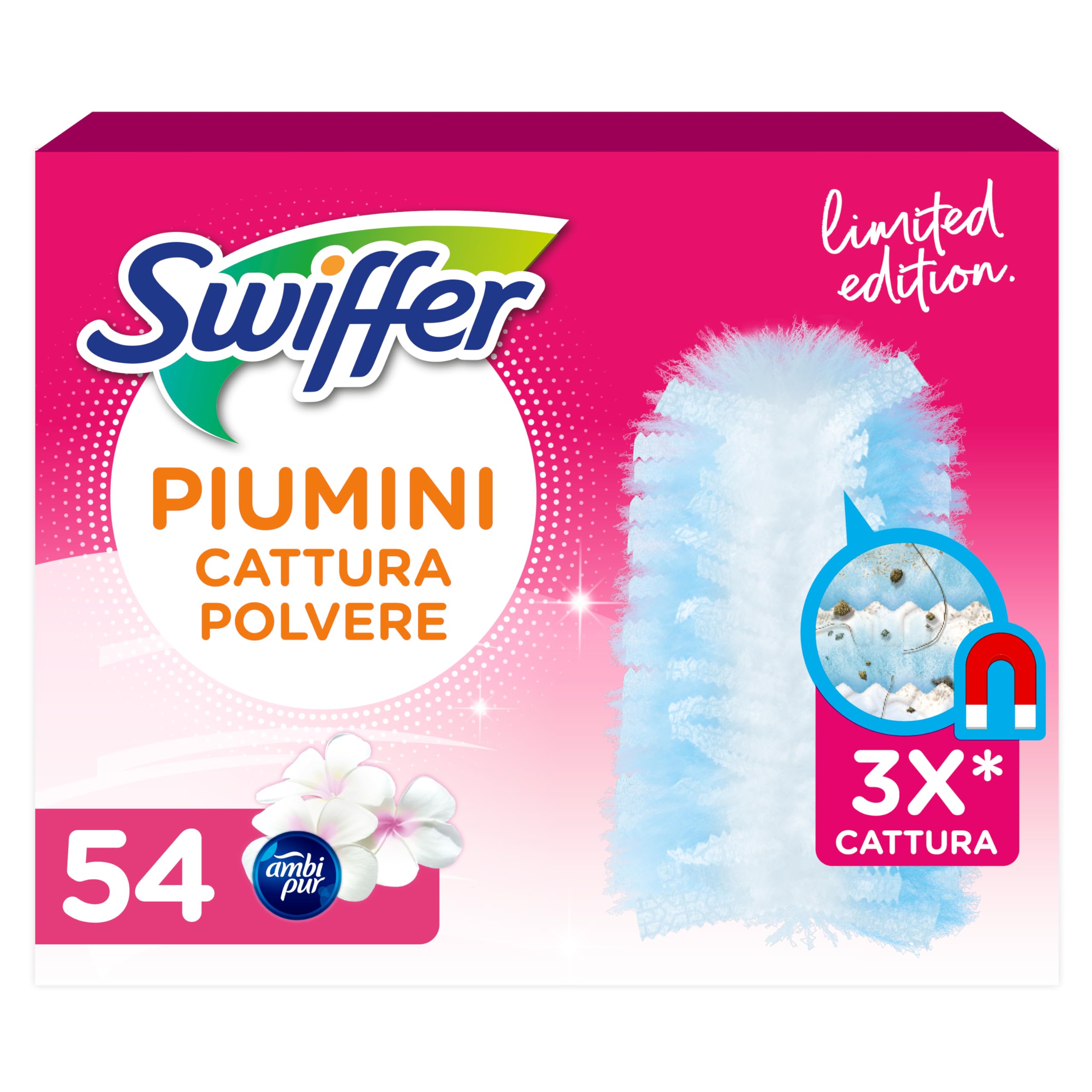 Swiffer Pink Duster Piumini Catturapolvere, 54 Piumini, Cattura e Intrappola Polvere e Sporco, Raggiunge i Punti Più Difficili della Casa, Piumini con 45% di Fibre Riciclate
