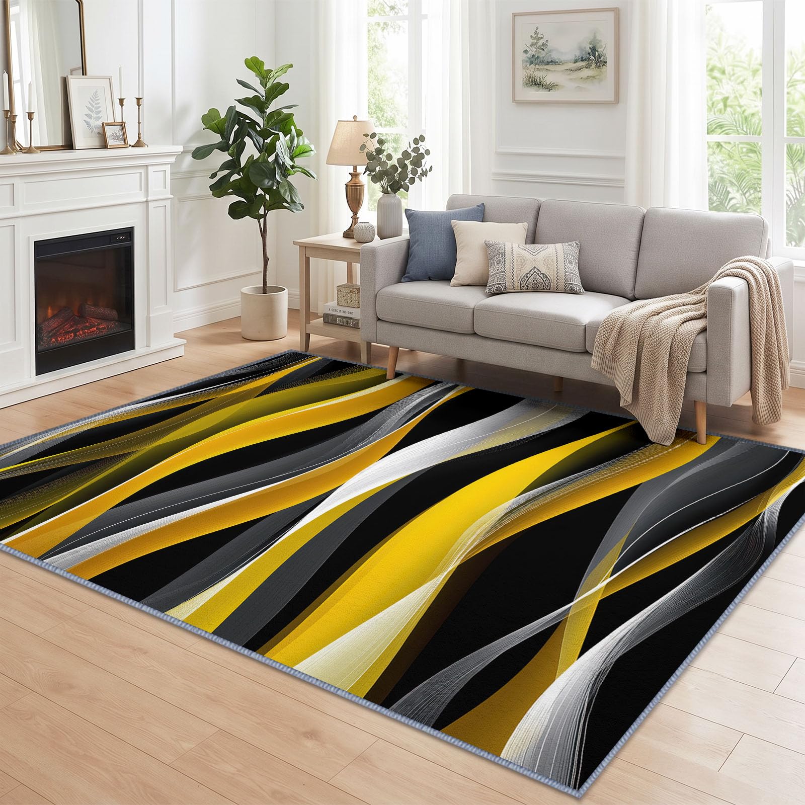 Abstrait Rayures Ondulées Verticales Géométriques Tapis Salon 160 x 230 cm, Lavable en Machine Antidérapant Tapis Abstrait Contemporain pour Chambre Descente de Lit Salle a Manger Bureau