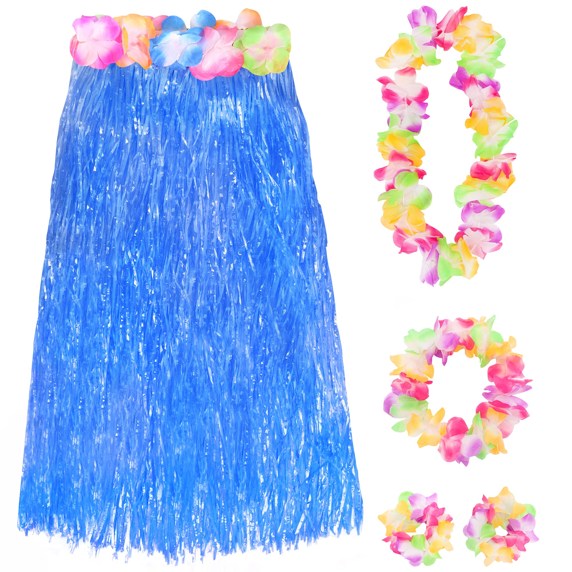 Blue Hawaiian Hula Skirt and Lei Set - Flower Necklace, Headband and Bracelet - 80cm Grass Hula - Luau - Fancy Dress Costume Accessory โ image 1