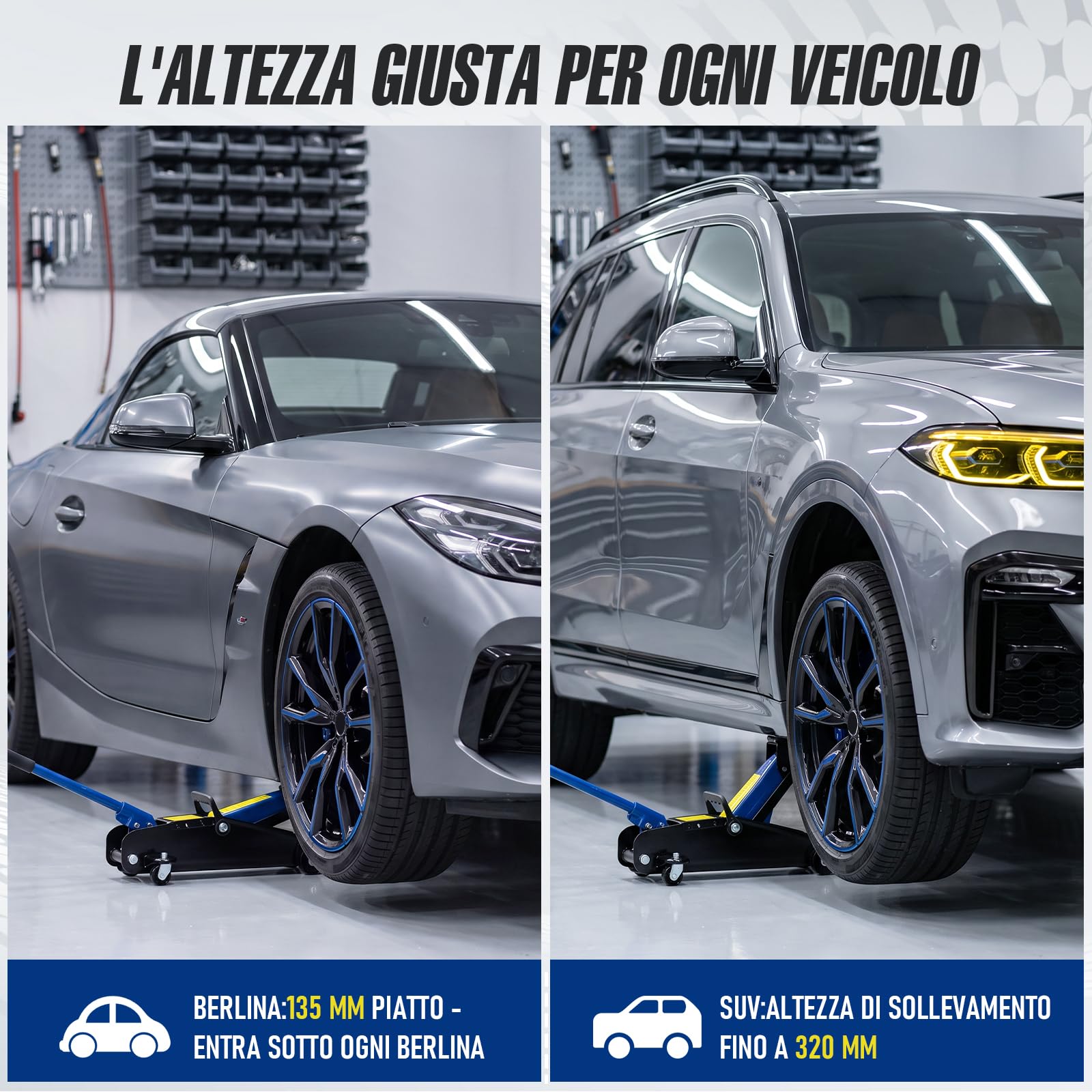 HYCHIKA Cric idraulico da 1,5 t, cric idraulico per auto, 135-320 mm, gamma di sollevamento per berlina, SUV, sostituzione pneumatici