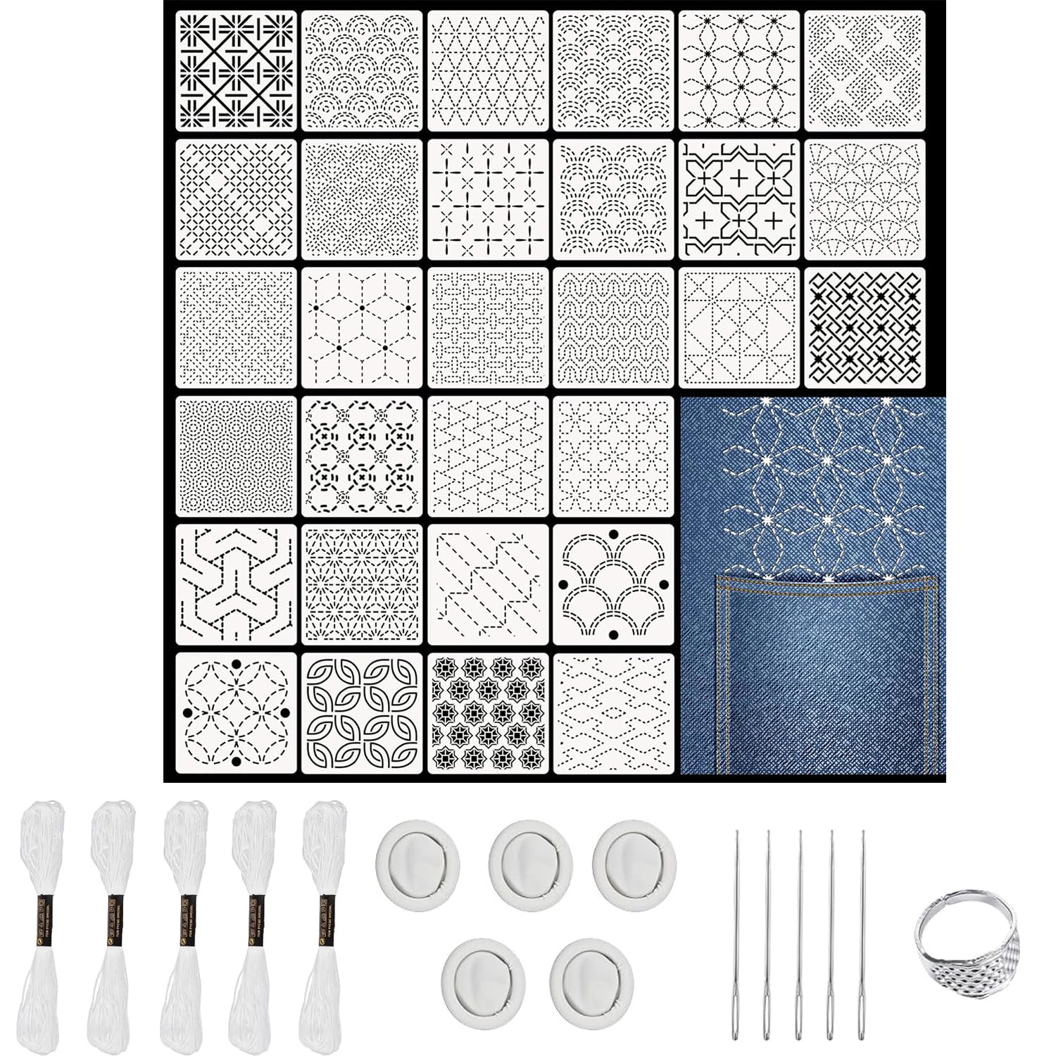 Srvauyea 46 Pcs Plastic Sashiko Stencil Kit,10 X 10 cm Plastic Stencils, Include 30 Pcs Embroidery Template,1pcs Thimble 5pcs Needle 5 Roll Threads 5 Finger Holders, for Hand Quilting.