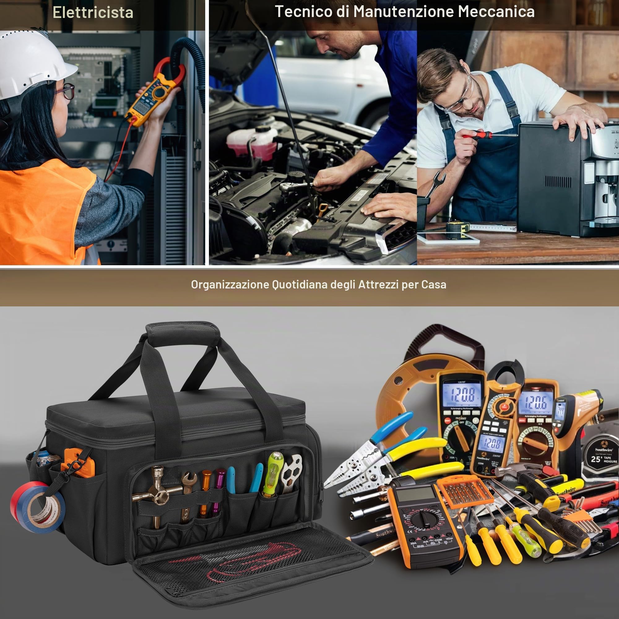 Rexmica 36cm Borsa Portautensili, Borsa Attrezzi Manuale da Uomo, Nero | Organizer Portautensili Elettricista, porta Attrezzi da Lavoro Multiuso per Riparatore, Falegname, Tuttofare