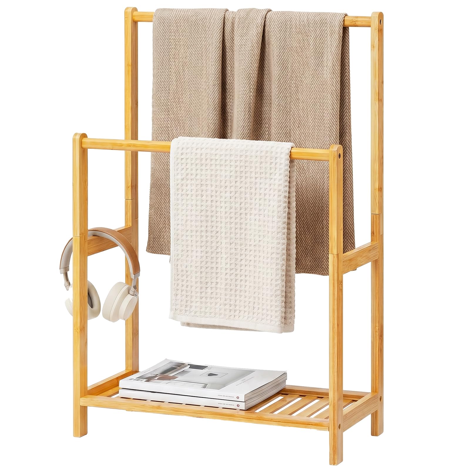 HOOBRO Porte-Serviettes de Salle de Bain sur Pied, Étagère Échelle à 2 Niveaux en Bambou, Présentoir à Couverture avec Étagère de Rangement, pour Chambre, Salon, Bambou Naturel EYL17LB01