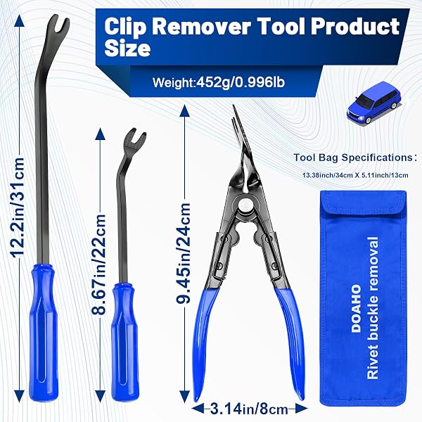 Close-up of the Doaho 3-piece car clip removal tool set, highlighting the ergonomic handles and thin clamp heads.
