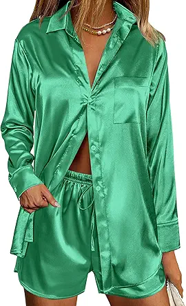 Ekouaer Womens Two Piece Satin Pajama Set Long Sleeve Lounge Sets Button Down Shirts and Shorts PJs Soft Sleepwear Set
