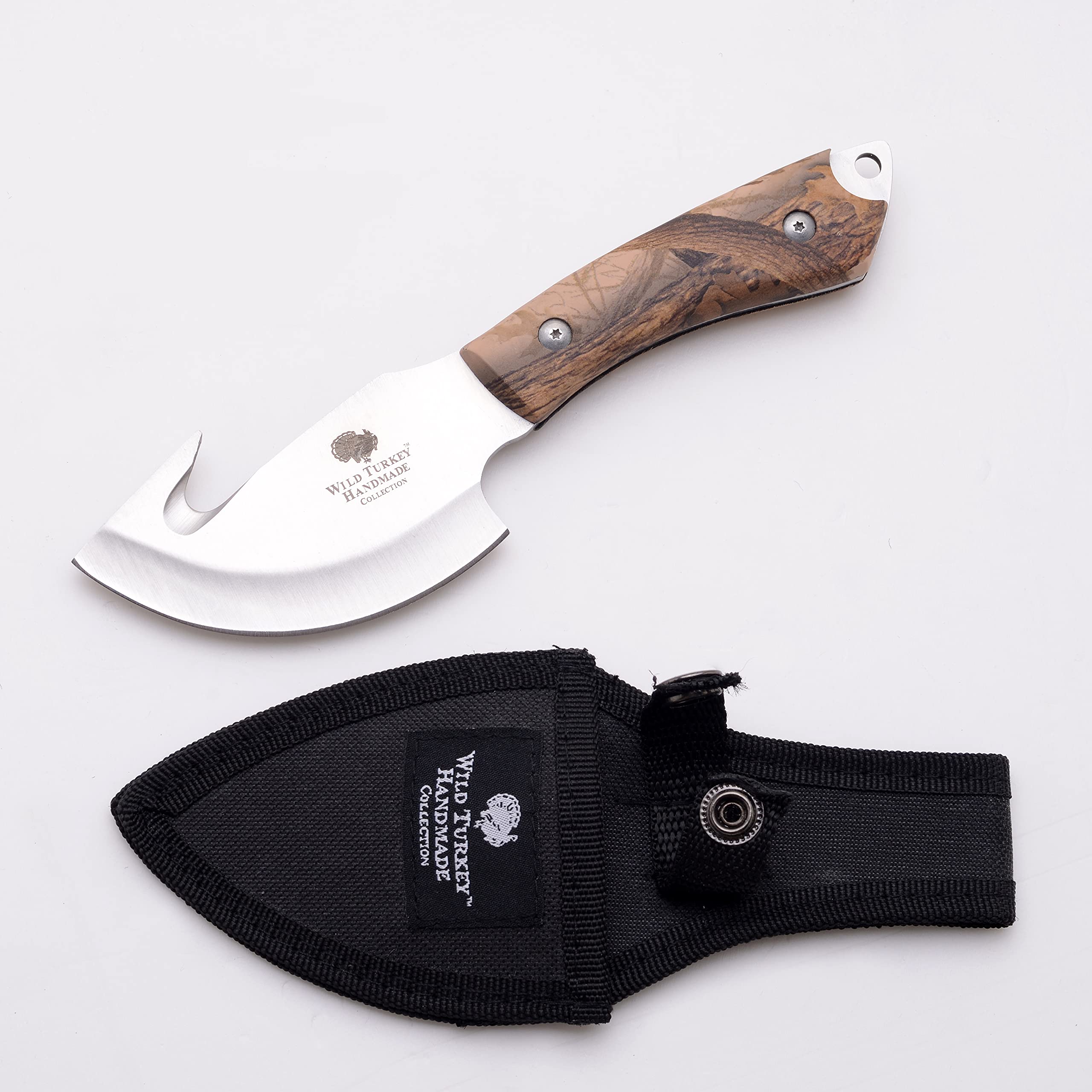 Wild Turkey Handmade Collection Full Tang Fixed Blade Gut Hook Skinner Knife w/Leather Sheath. (Camo)