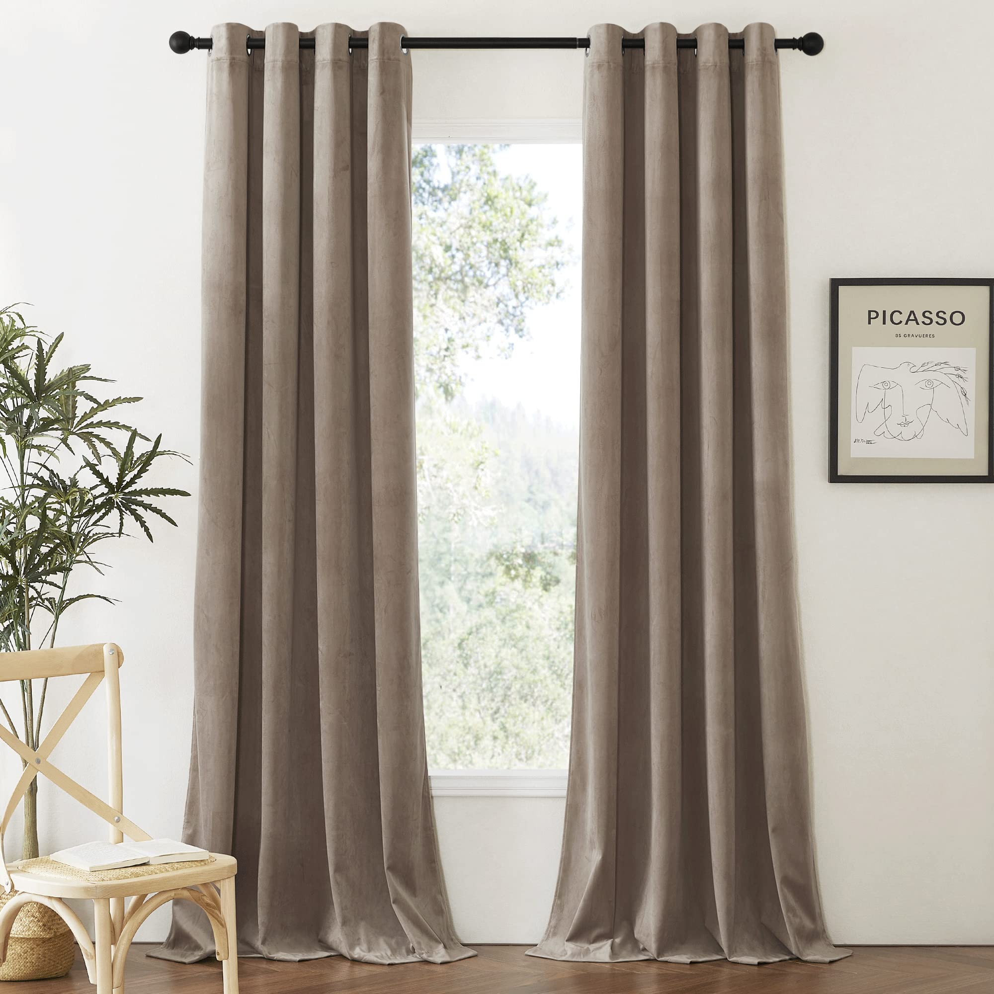 RYB HOME Taupe Velvet Curtains 84 inch Length