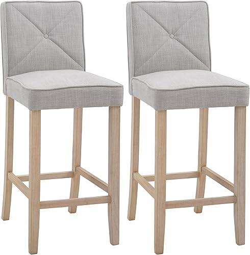 HOMCOM Juego de 2 taburetes de bar modernos, taburetes de cocina tapizados con altura de barra con reposapiés integrado, patas de madera maciza,