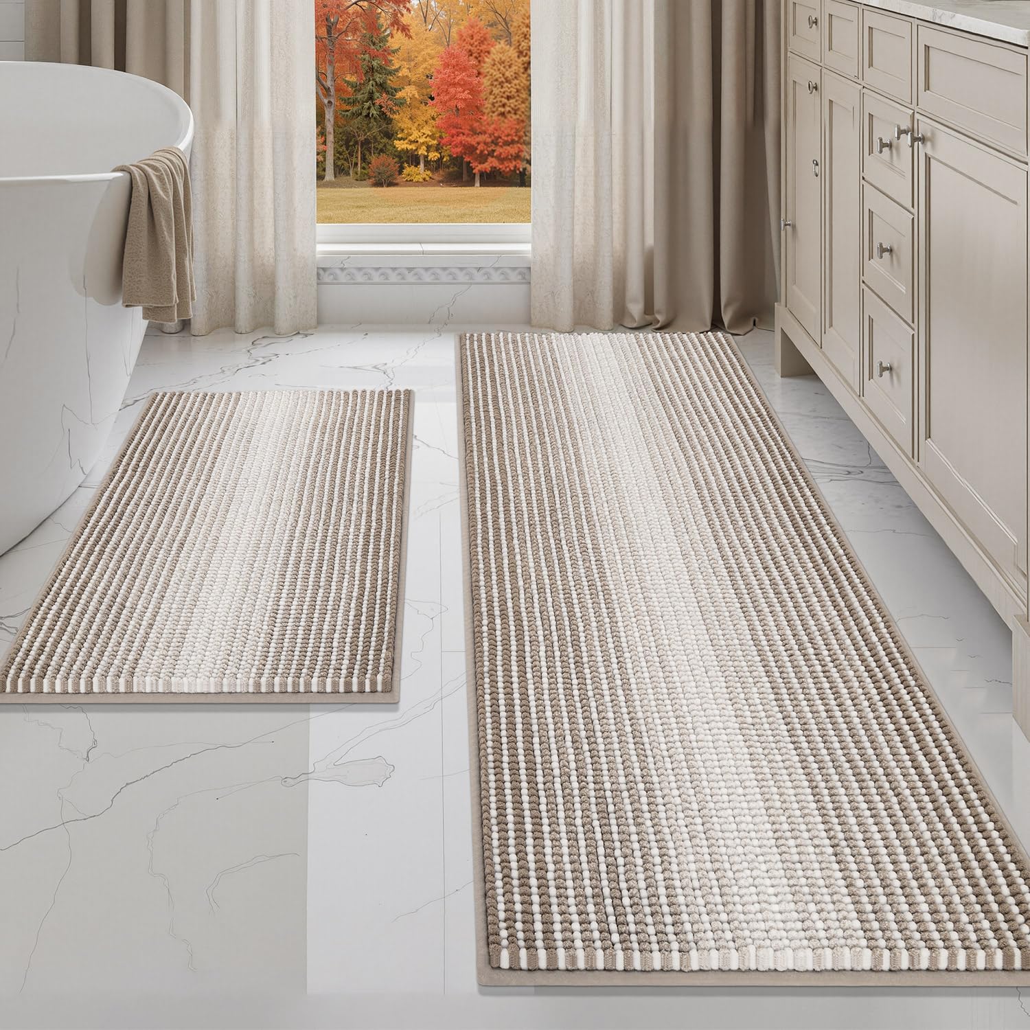 Photo 1 of Bathroom Rugs and Mats Sets, 2 Piece Thick Absorbent Chenille Bath Mat Rug Set Non Slip, Soft Shaggy Bath Room Floor Mats for Bathroom, Machine Washable (Light Taupe, 20" x 60" Plus 20" x 32")