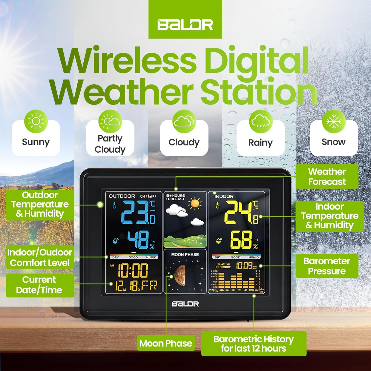 BALDR Wireless Digital Weather Station - Indoor Outdoor Thermometer Wireless Home Weather Station with Remote Sensor, Atomic Alarm Clock, Moon Phase & Barometric History Display, Weather Clock