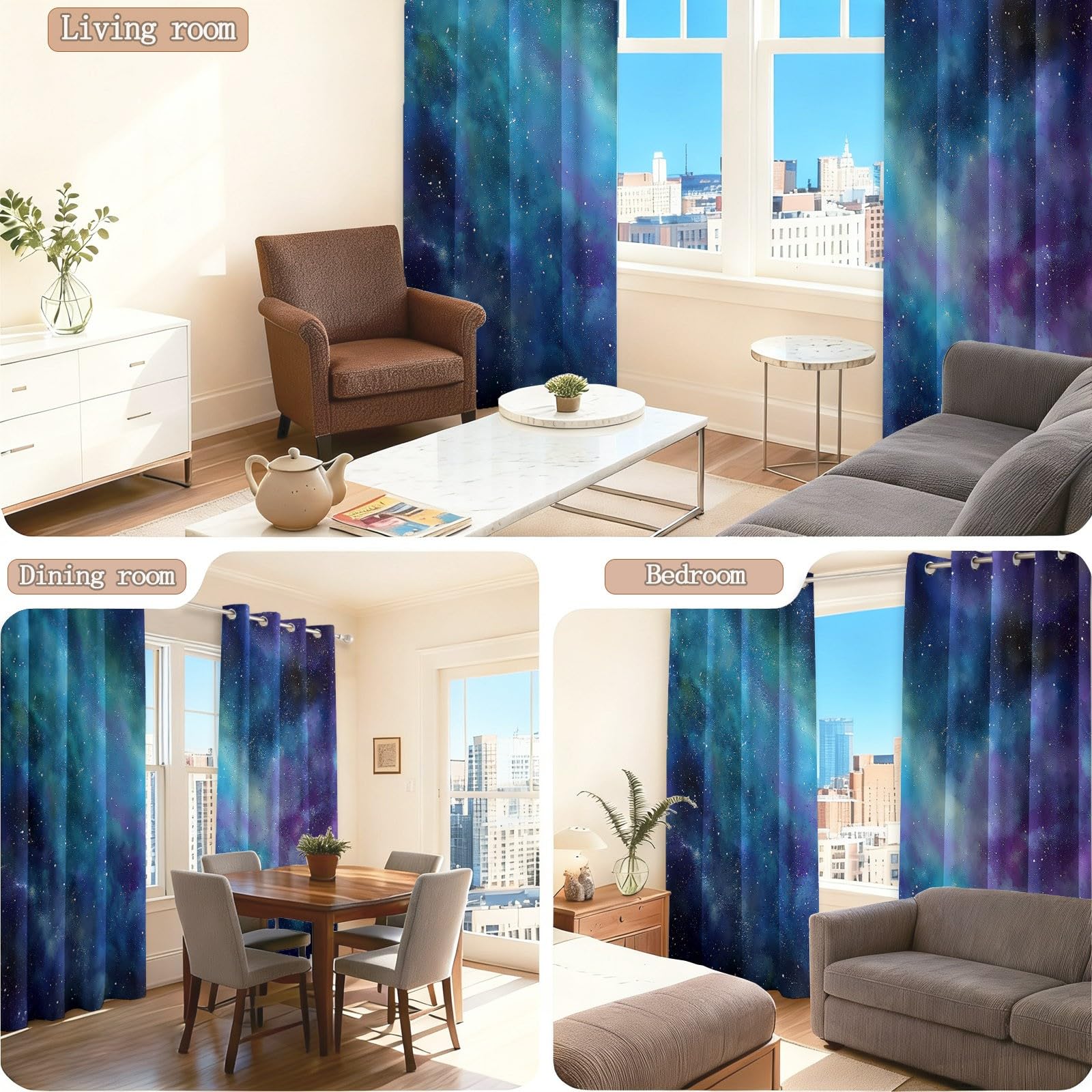 Bedruckte Blickdichte Vorhänge Blau, Galaxie Aquarell Universum Sterne Muster Wärmeisoliert UV-Schutz Vorhänge mit Ösen - H 175 x B 140 cm (2er Pack) Farbecht Vorhang für Wohnzimmer Schlafzimmer