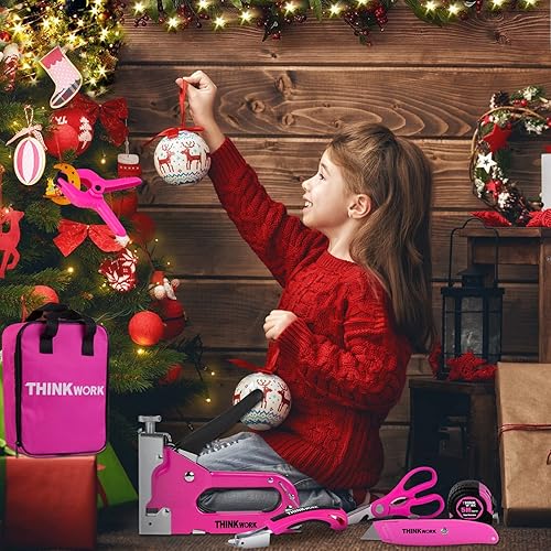 Miniatura 9 de THINKWORK Juego de 20 pistolas de grapas ligeras, pistolas de grapas rosasuso doméstico con 2100 grapas JT21 y removedor de grapas, pistola de