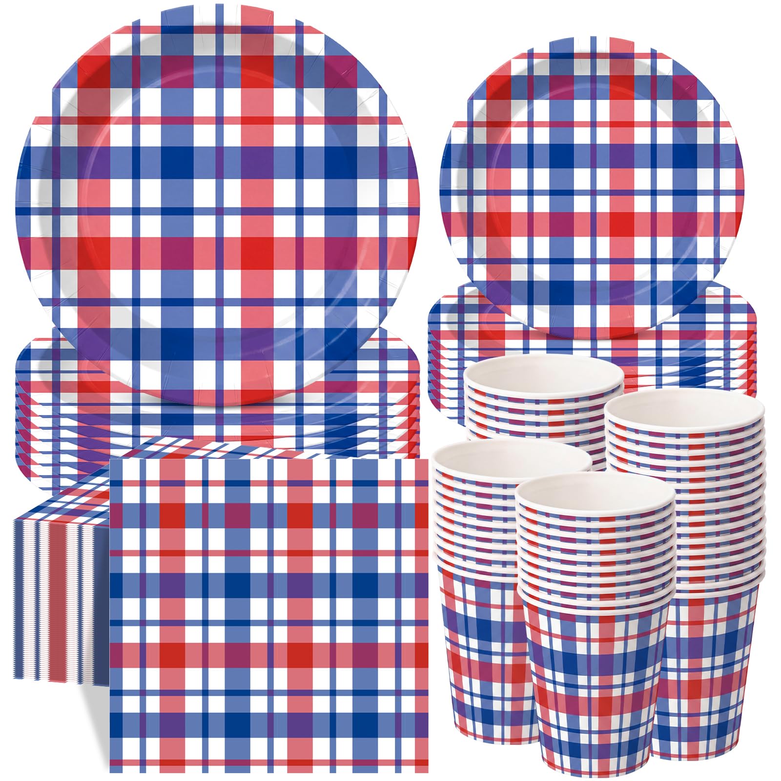 Pickmesh 250 Pcs Red White Blue Paper Plates and Napkins Set, 4th of July Patriotic Plaid Party Supplies Serves 50, 9" &amp; 7" Plates with 9oz Cups and 6.5" Napkins for 250th Veterans Day Summer Party