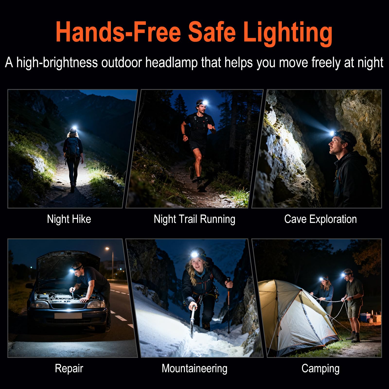 BORUIT HP400 Lampe frontale LED rechargeable avec lumière blanche et rouge, 650 lumens, super lumineuse, chargement USB-C, étanchéité IP67, 7 modes pour course à pied, camping, randonnée, pêche